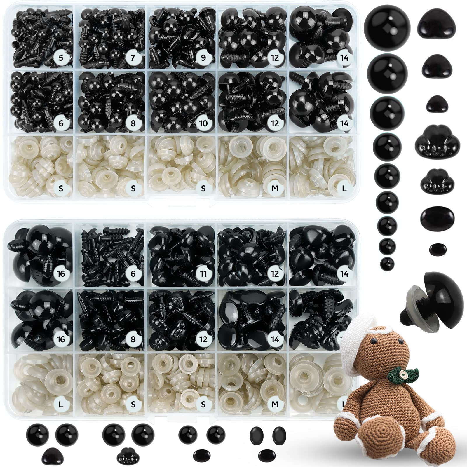 800PCS Safety Eyes and Noses for Amigurumi 2 Boxes Crochet Eyes with Size  Chart Black Plastic Craft Doll Eyes with Washers for Crochet Stuffed  Animals Crochet Toy and Teddy Bear Assorted Sizes