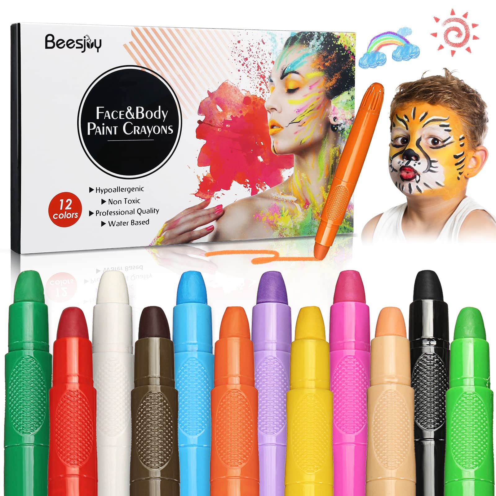 Beesjuy Face Painting Kits for Kids,12 Color Water Based Face