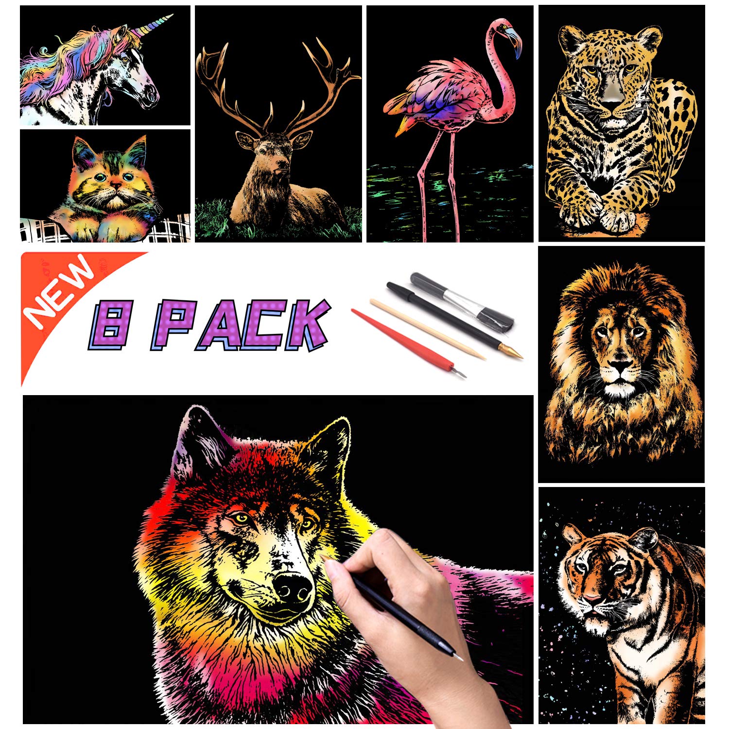 2 PCAK Animal scratch art rainbow painting paper, Engraving Art & Craft  Sets, Creative foil scratch art toys gift, DIY sketch card scratchboard for
