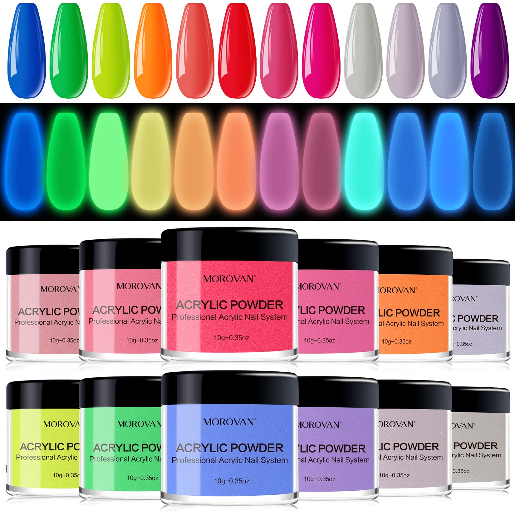 Morovan Acrylic Powder Set - 12 Colors Acrylic Powder Glow in the Dark  Acrylic Nail Powder Luminous Colors Professional Polymer Powder for Acrylic