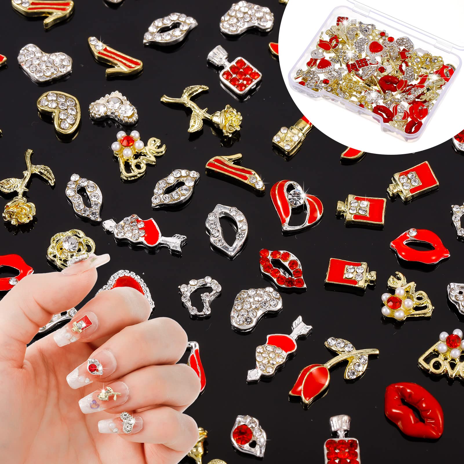 3D Heart Rhinestone Nails