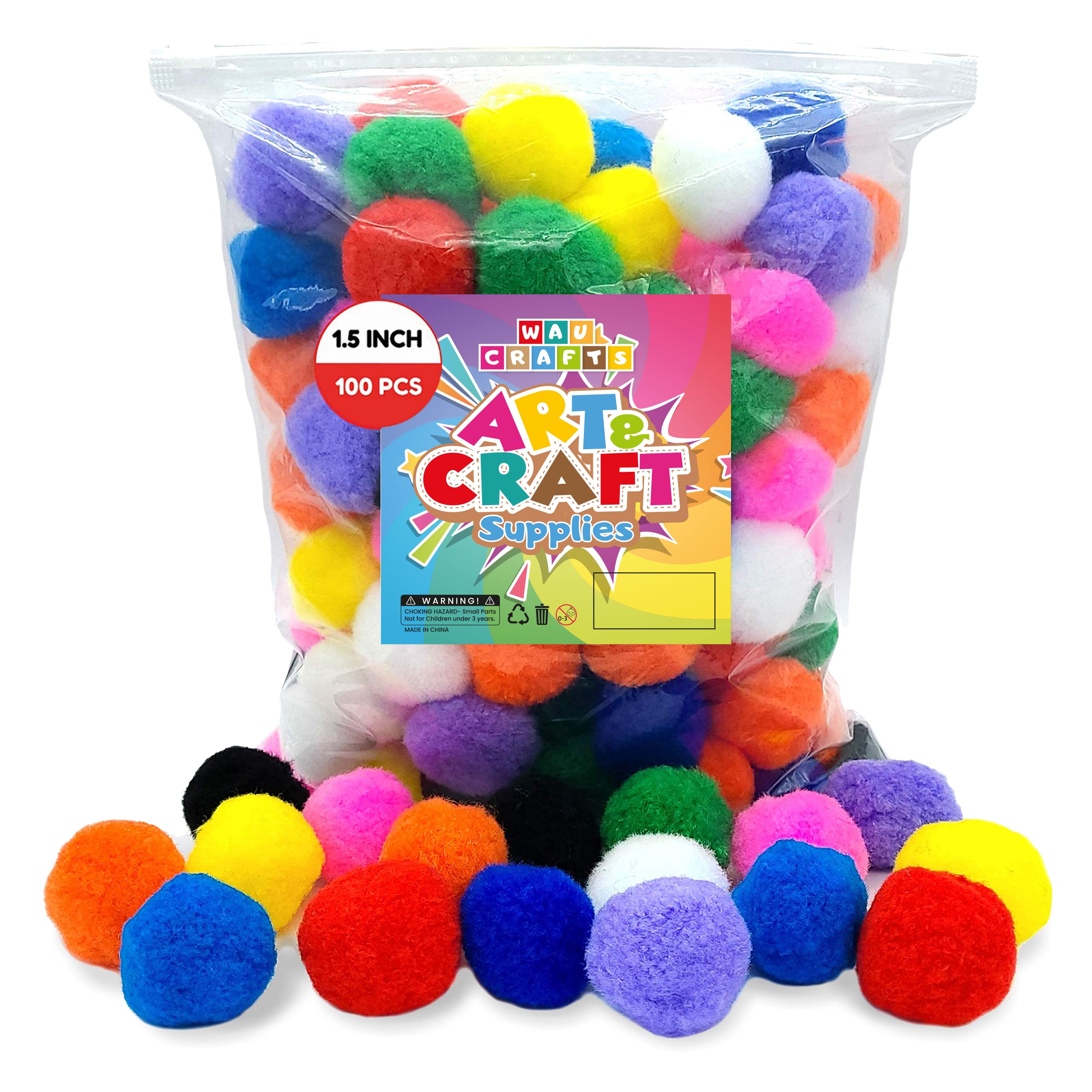 WAU Craft Pom Pom Balls - 100pcs 1.5 inch Multicolored Large Pompoms for  Crafts Art DIY Project