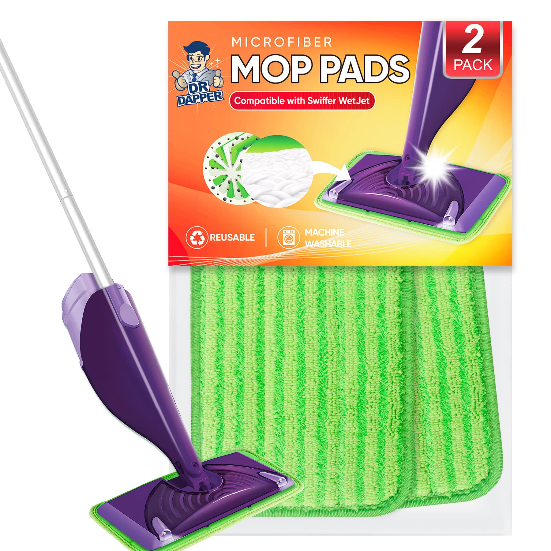 6 Washable/Reusable Microfiber Mop Pads Compatible with Swiffer Wet Jet, Green