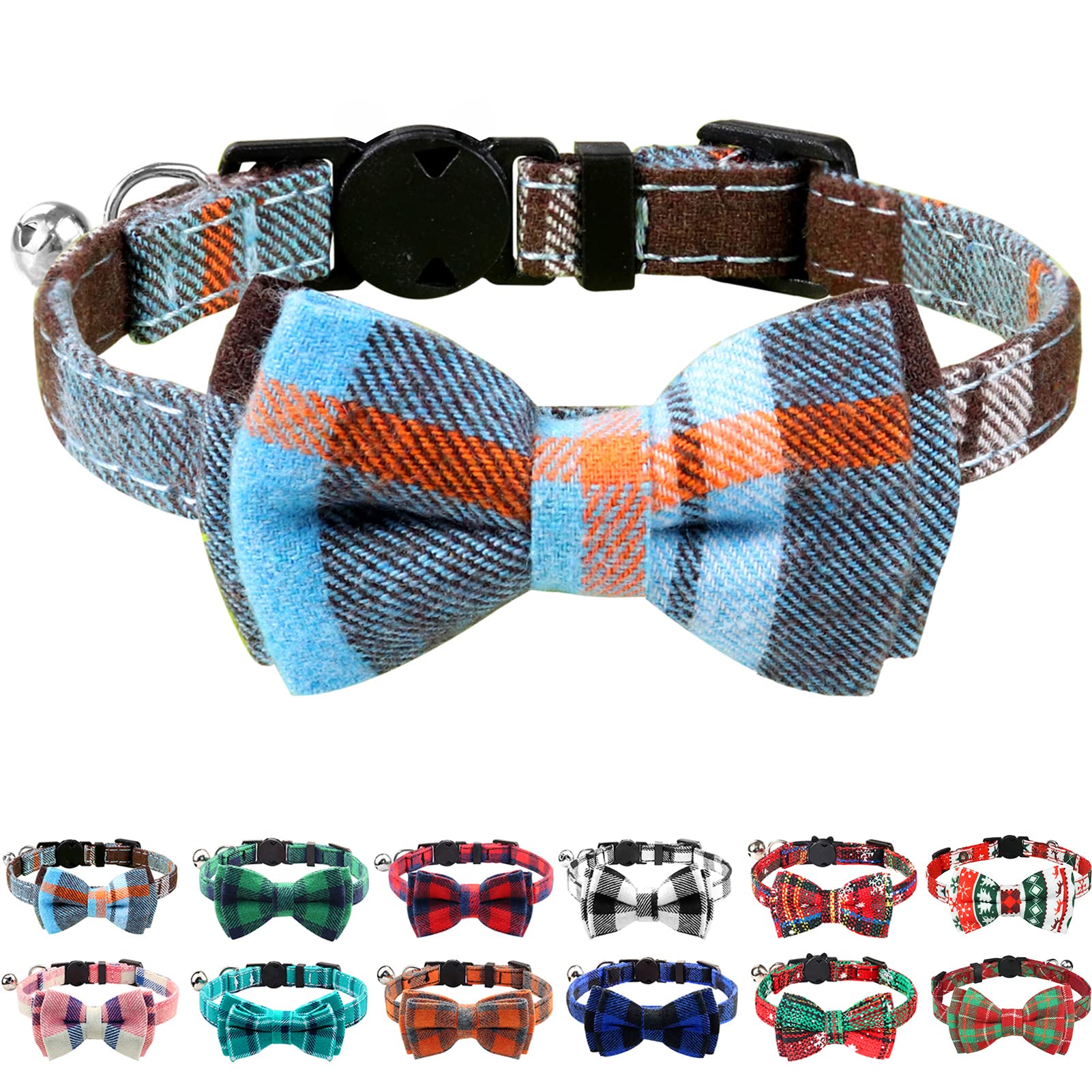 Blueberry Pet Pack of 2 Perfection Mix Match Designer Breakaway Cat Collar  for Girl & Boy with Bow Tie & Bell 