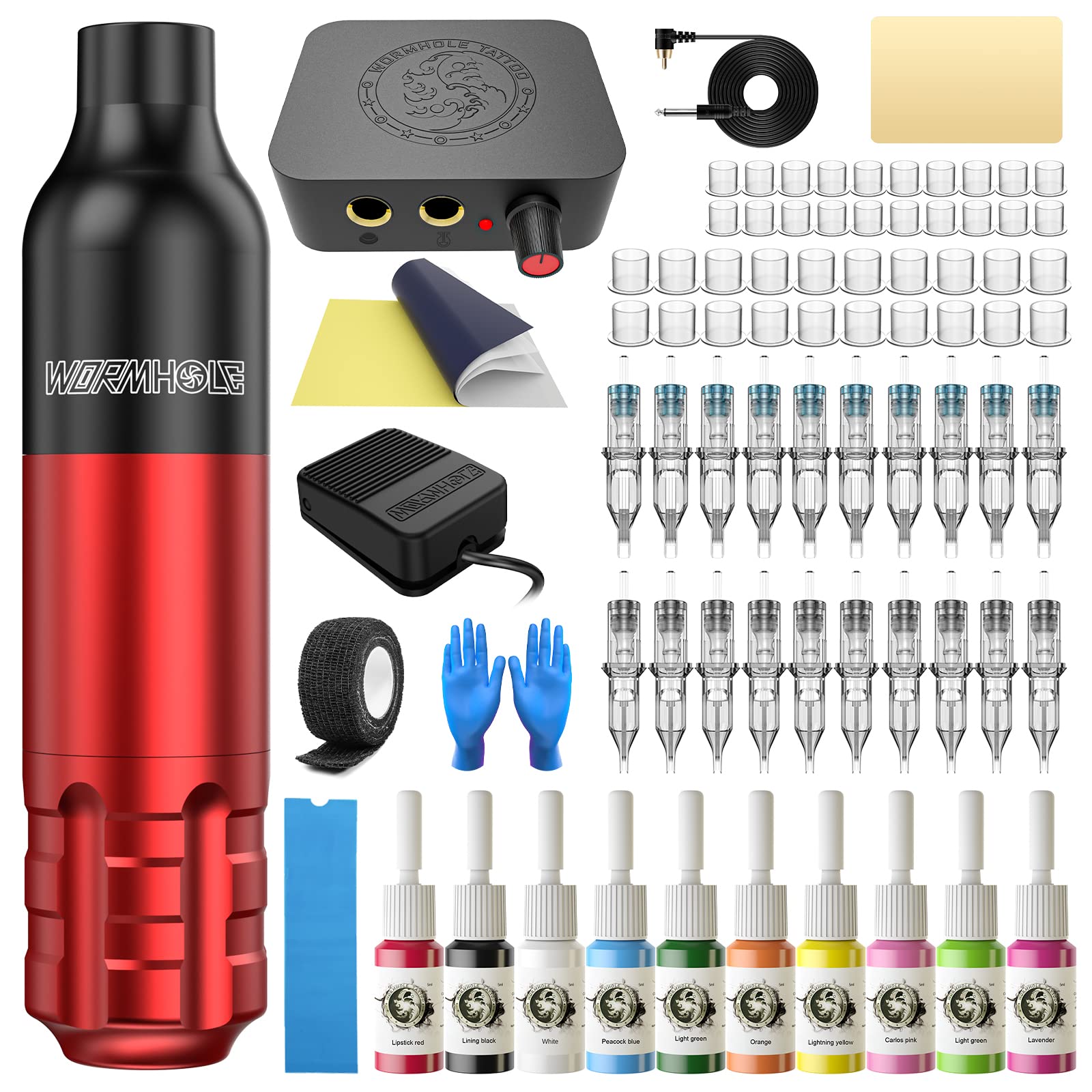 Wormhole Rotary Tattoo Machine Kit - 40 Cartridges, 20 Inks, Power Supply -  Complete Professional Tattoo Pen Set for Beginners and Artists