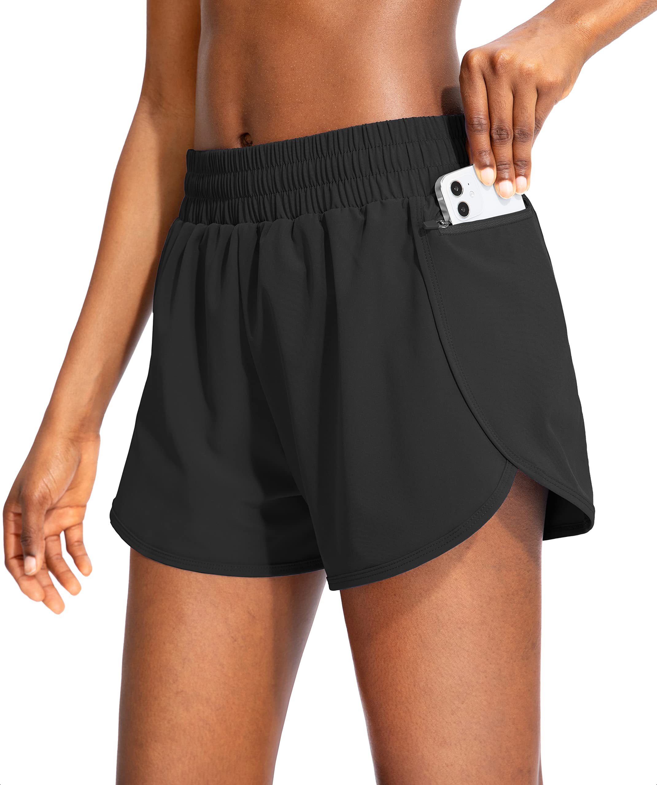 HeyNuts Focus Running Shorts for Women, Mid Waisted Athletic Shorts with  Liner Workout Shorts with Zipper Pocket 4'' Small Black