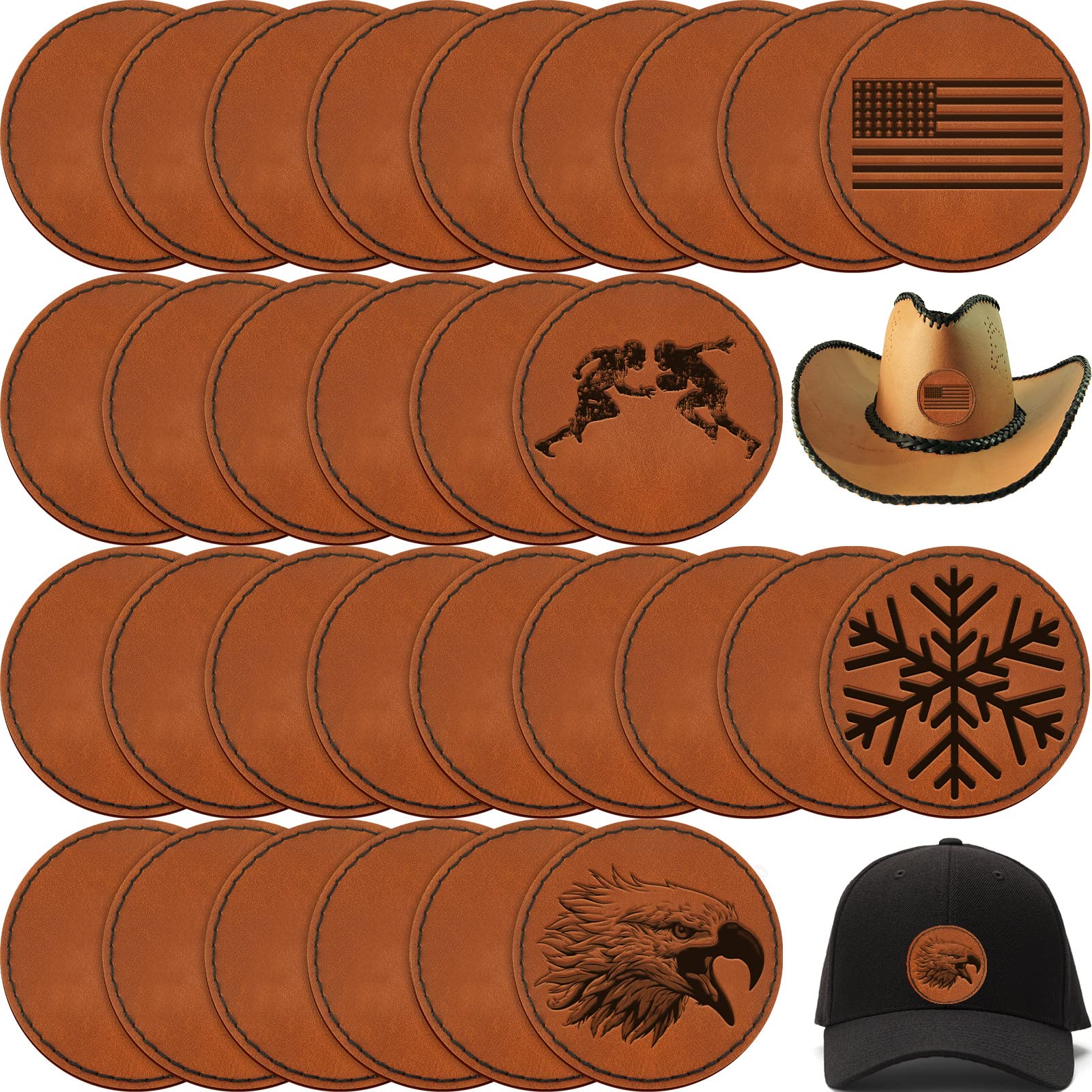 30 Pcs Blank Leather Hat Patches with Adhesive Round Laserable Leatherette  Patch Brown Faux Leather Patches