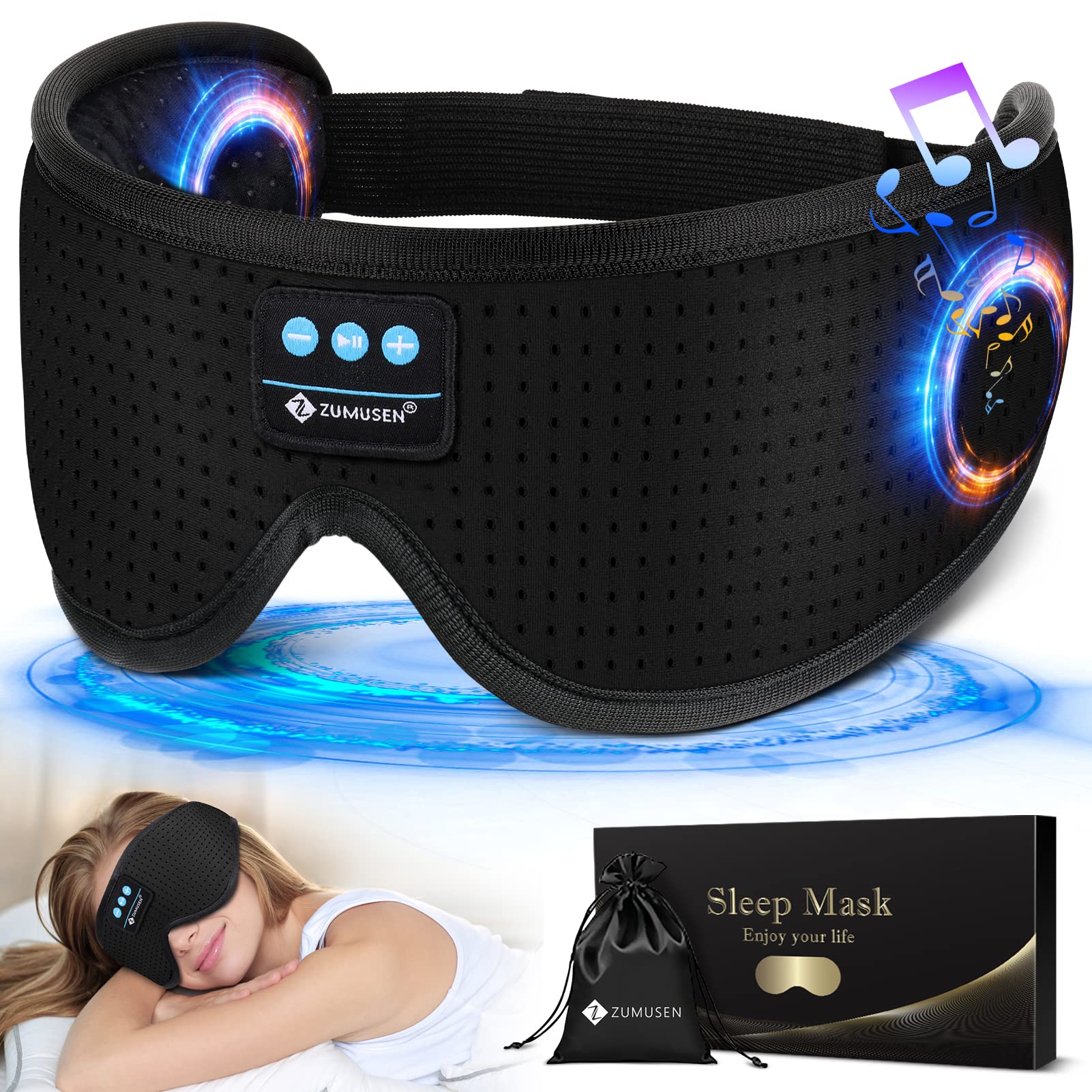 Sleep Headphones, White Noise Bluetooth 5.2 Sleep Eye Mask,3D Breathable  Wireless Sleep Mask with Timer for Side Sleepers Travel Relaxation,  Meditation, Cool Gadgets for Women Man Cool Black