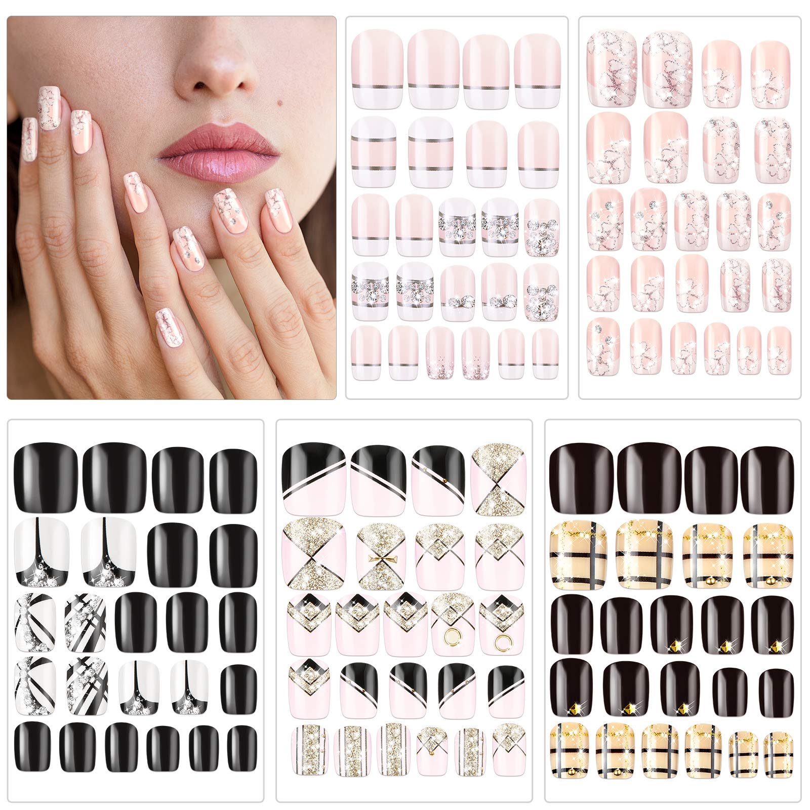 Maitys 120 Pieces Short Square Press on False Nails with Rhinestone Flower  Full Cover Fake Nails Glossy Artificial Acrylic Nails with Designs for Nail  Salon DIY Nails Decoration Women Girls (5 Boxes)