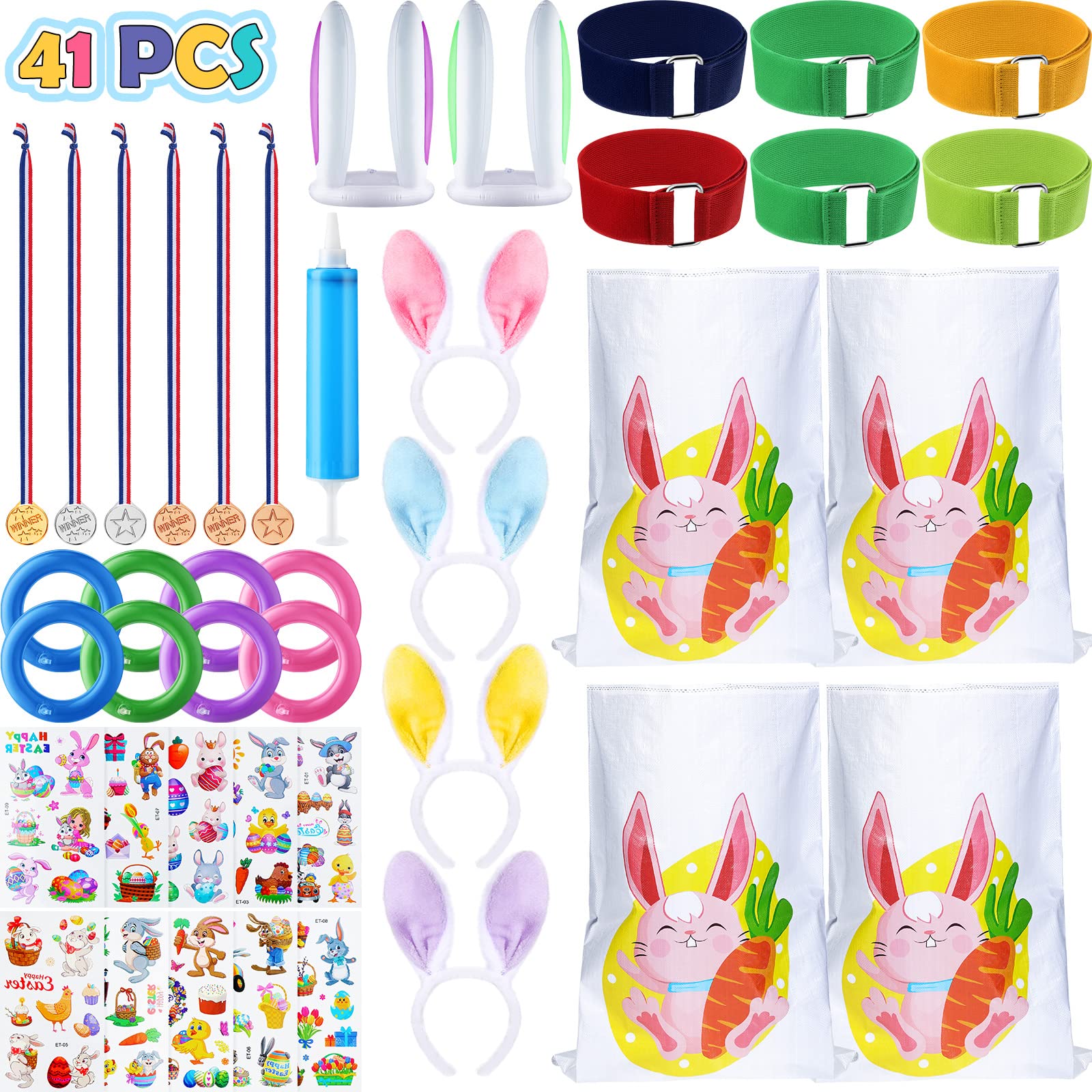 41 Easter Outdoor Party Game Bunny Potato Sack Race Bag Legged Relay Race  Bands Bunny Colored Ears Ring Toss Game Bunny Colored Ear Headband Easter  Stickers for Easter Party Favor Easter Egg