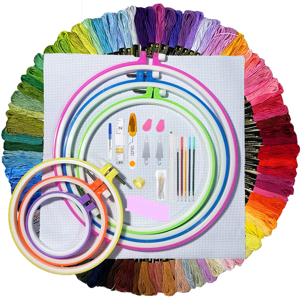 ONESHAW Embroidery Kit 141 Pcs 100 Colors Threads 6 Pcs Embroidery Hoops 2  Pcs Aida Cloth 9 Sewing Pins Cross Stitch Tools and Embroidery Starter Kit  for Adults and Kids Beginners 141pcs embroidery kits