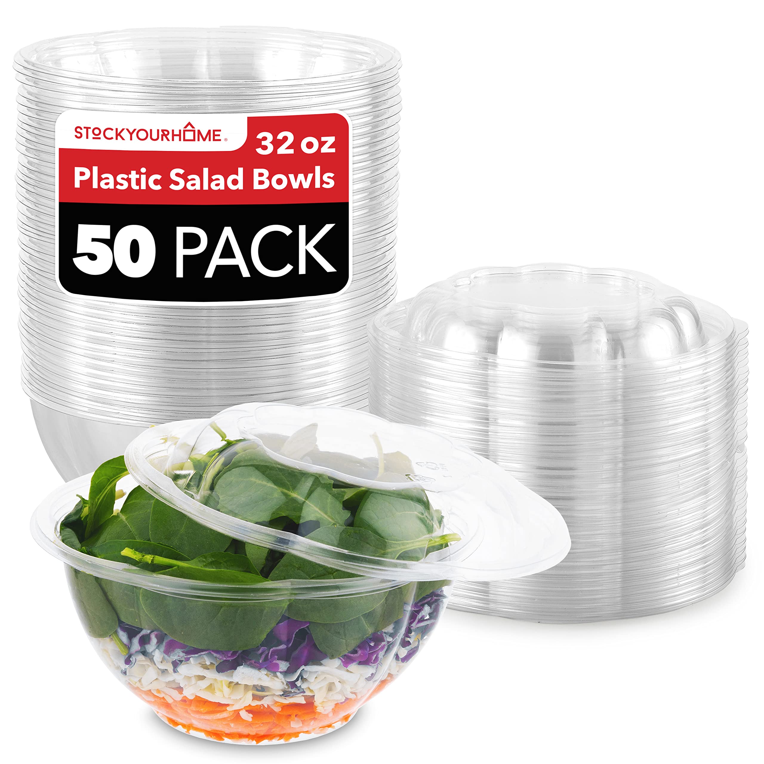 [50 PACK] 64oz Clear Disposable Salad Bowls with Lids - Clear Plastic  Disposable Salad Containers for Lunch To-Go, Salads, Fruits, Airtight, Leak