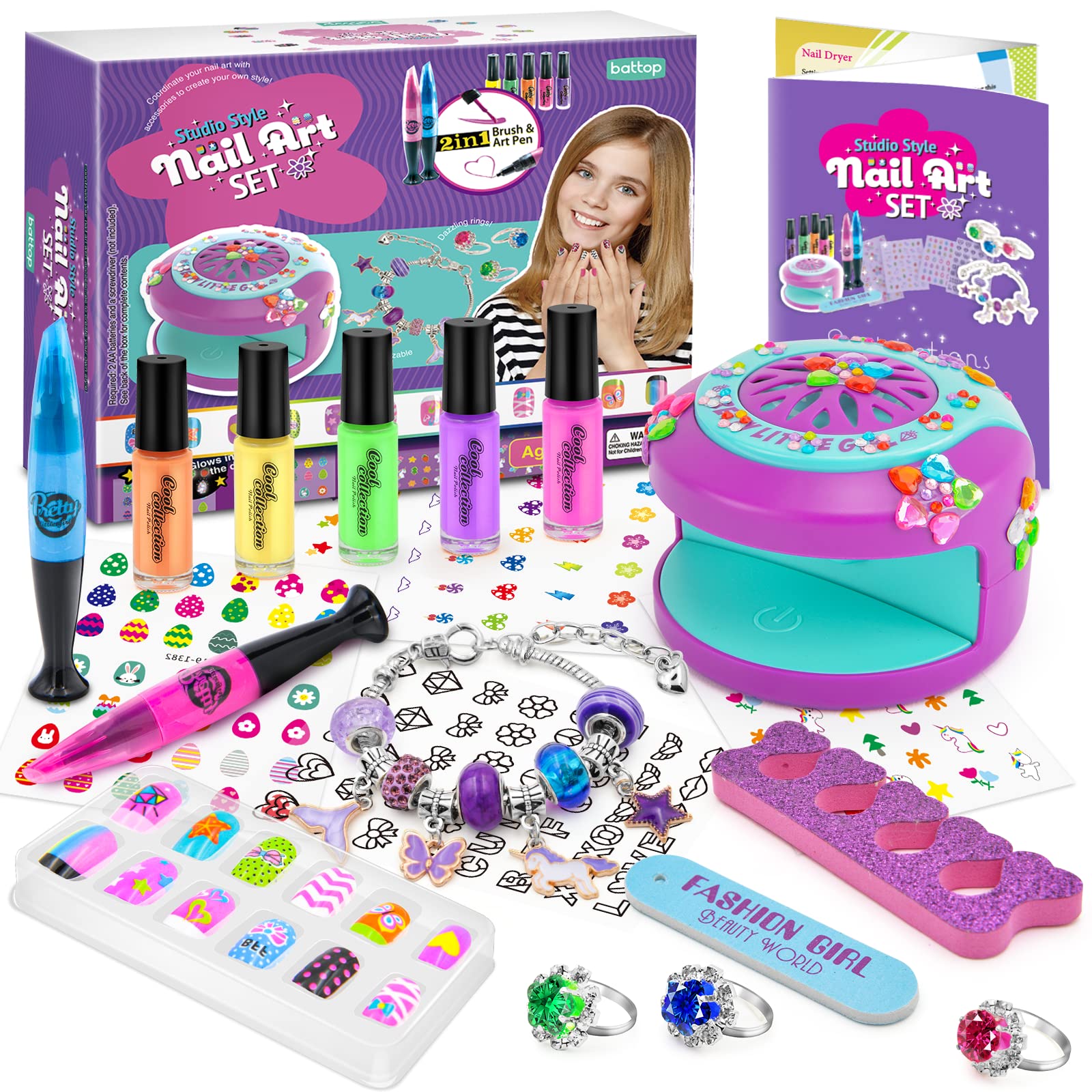 Amazon.com : BATTOP Kids Nail Polish Set for Girls, Nail Art Kits with Nail  Dryer & Glitter Pen, Quick Dry & Peel Off & Non-Toxic Nail Polish Birthday  Gifts for Girls Ages :