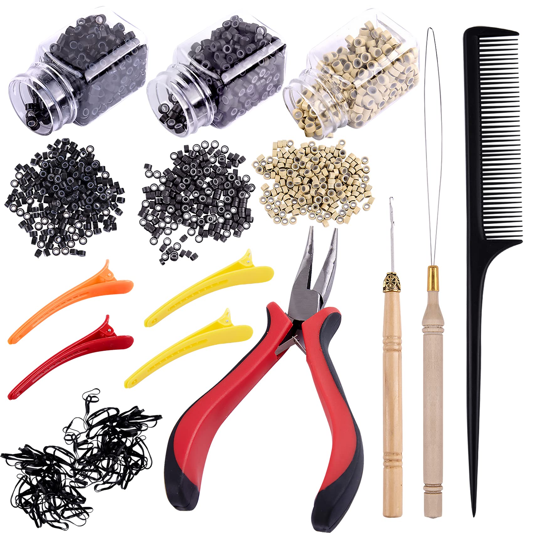 Hair Extension Tool Kit Hair Extension Remove Pliers Pulling Hook 100pcs  Dark Brown(black) Micro Silicone ring Bead Device Tool Kits for  Professional Hair Styling Tools Accessory