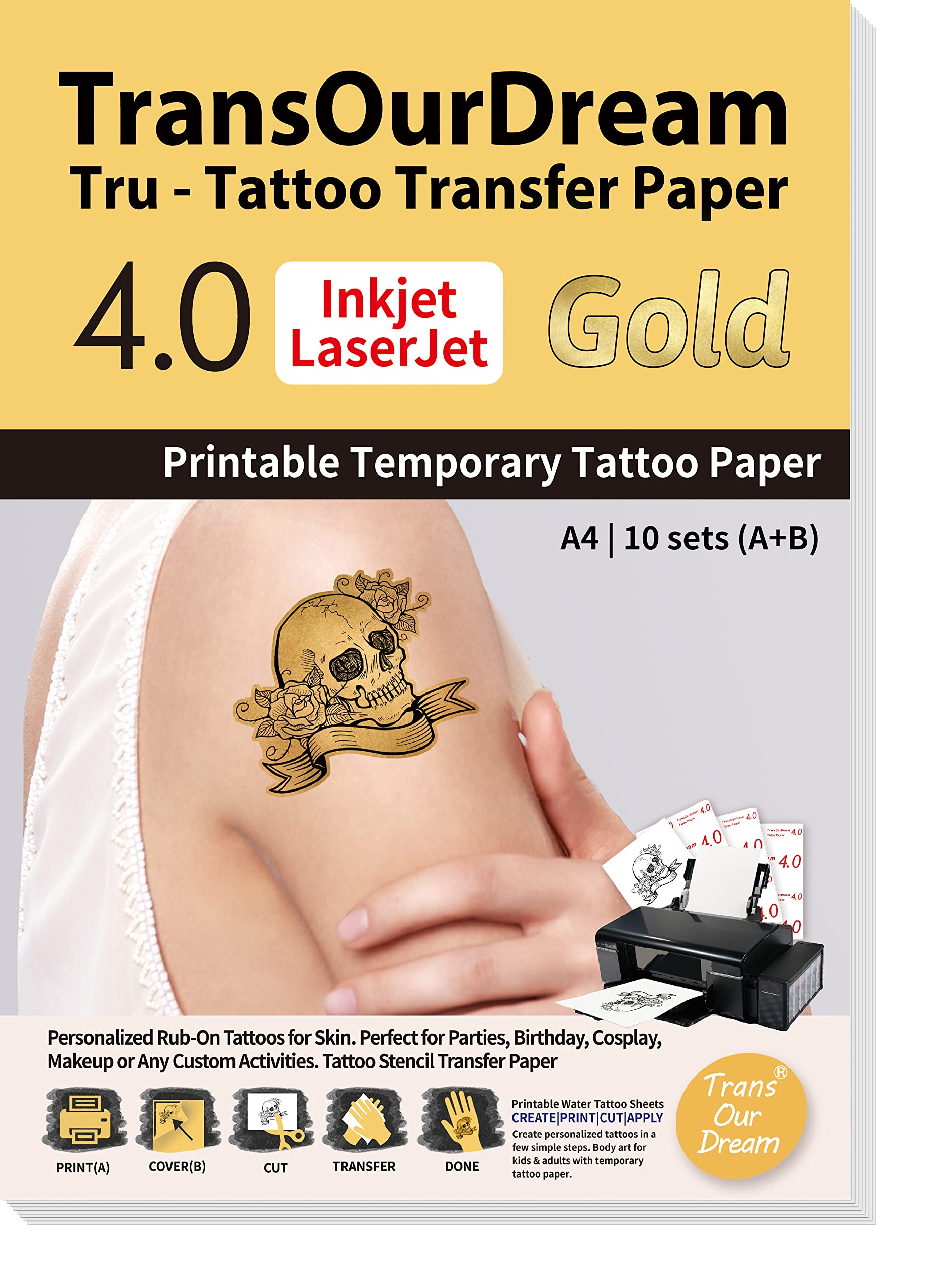 TransOurDream Gold Printable Temporary Tattoo Transfer Paper for