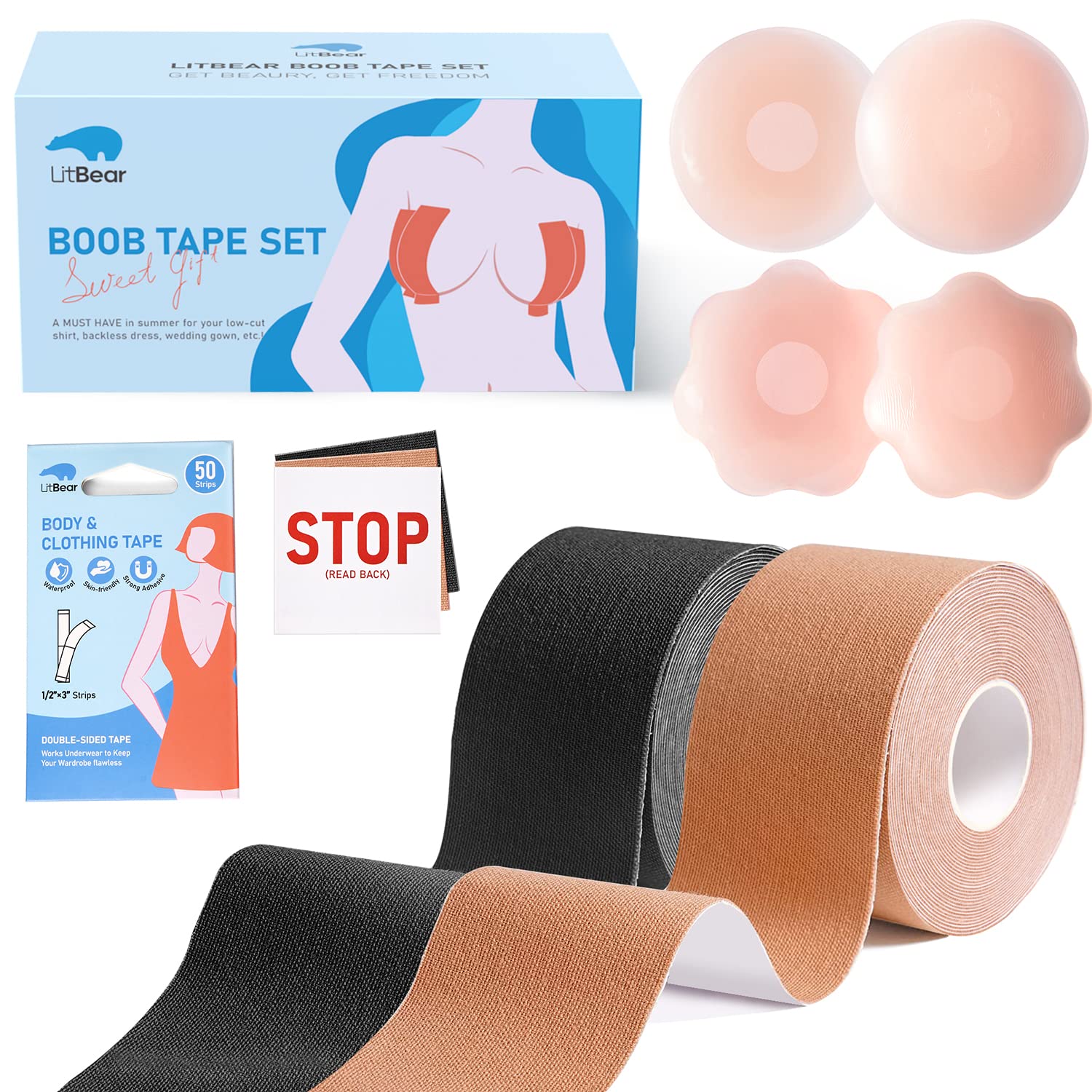 Onewly Boob Tape, Boobtape for Breast Lift, 4 Pcs Soft Silicone Nipple  Coverage for Women, Boobiess No Bra with 36Pcs Fashion Tape Double Sided