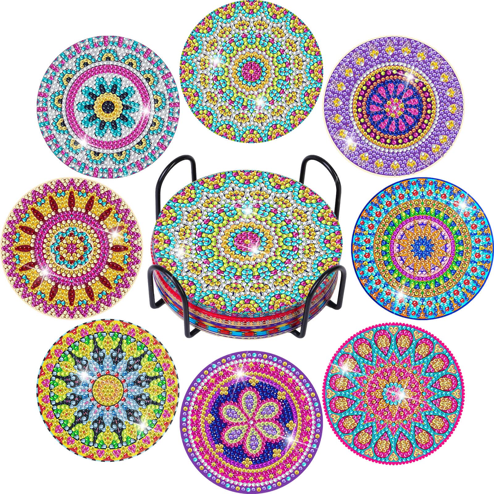 Billbotk Diamond Painting Coasters Kit 8 Pieces Mandala with Holder DIY Art for Beginners Kids Mandala Style A