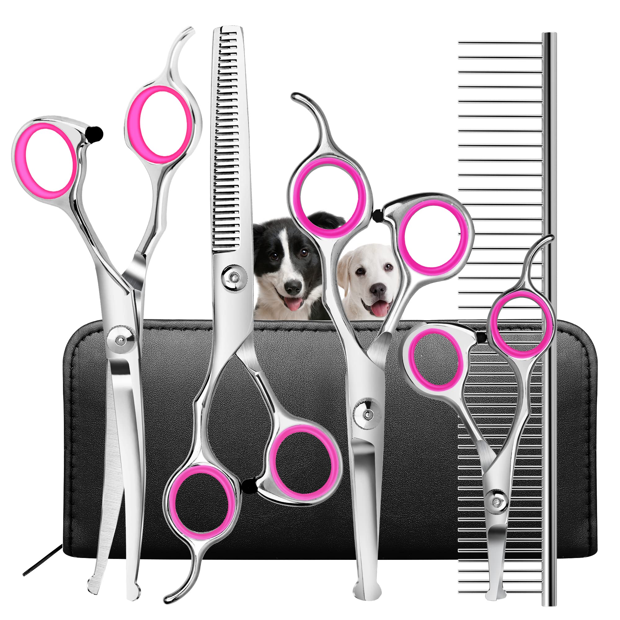 iSeaFly Dog Grooming Scissors Kit with Round Tip, Set of 5 Cat Dog Scissors, Stainless Steel Pet Grooming Shears, Straight, Curved