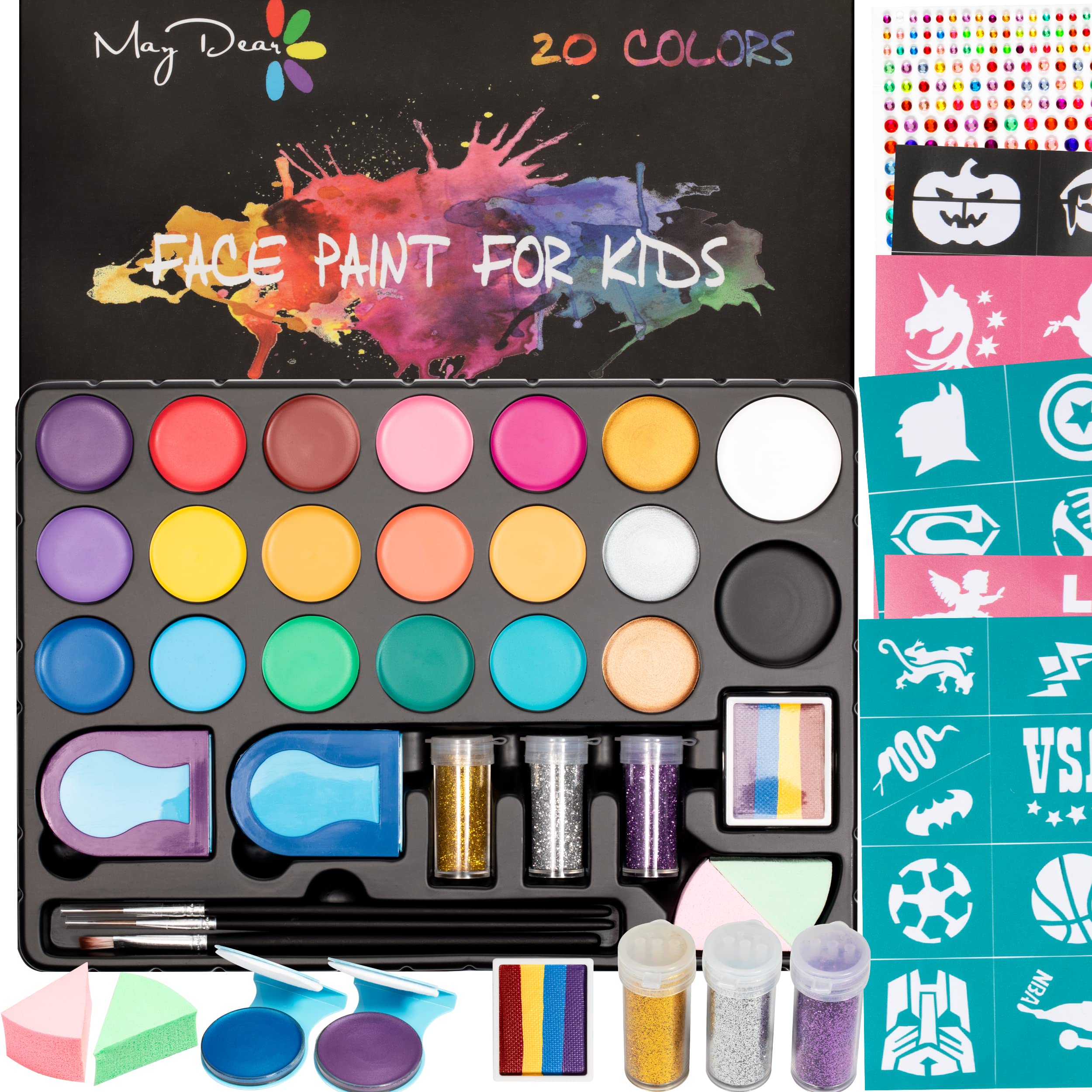 Maydear Face Painting Kit for Kids, Water Based Makeup Palette with  Stencils, Glitters, Rainbow Split Cake, Hair Dye Clips, for Parties,  Halloween