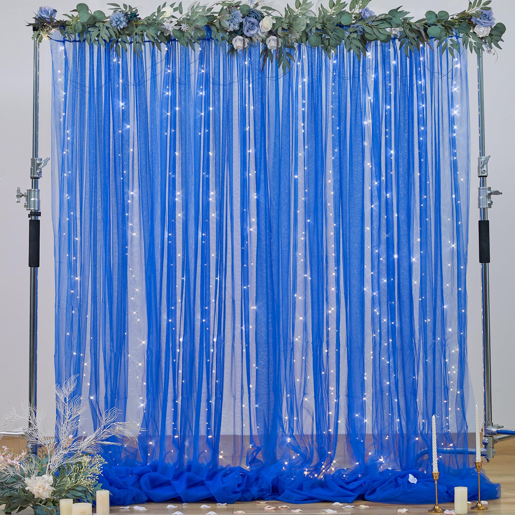 Royal Blue Backdrop Curtains With Lights String For Wedding Parties Sheer Tulle Backdrop Curtain 6444