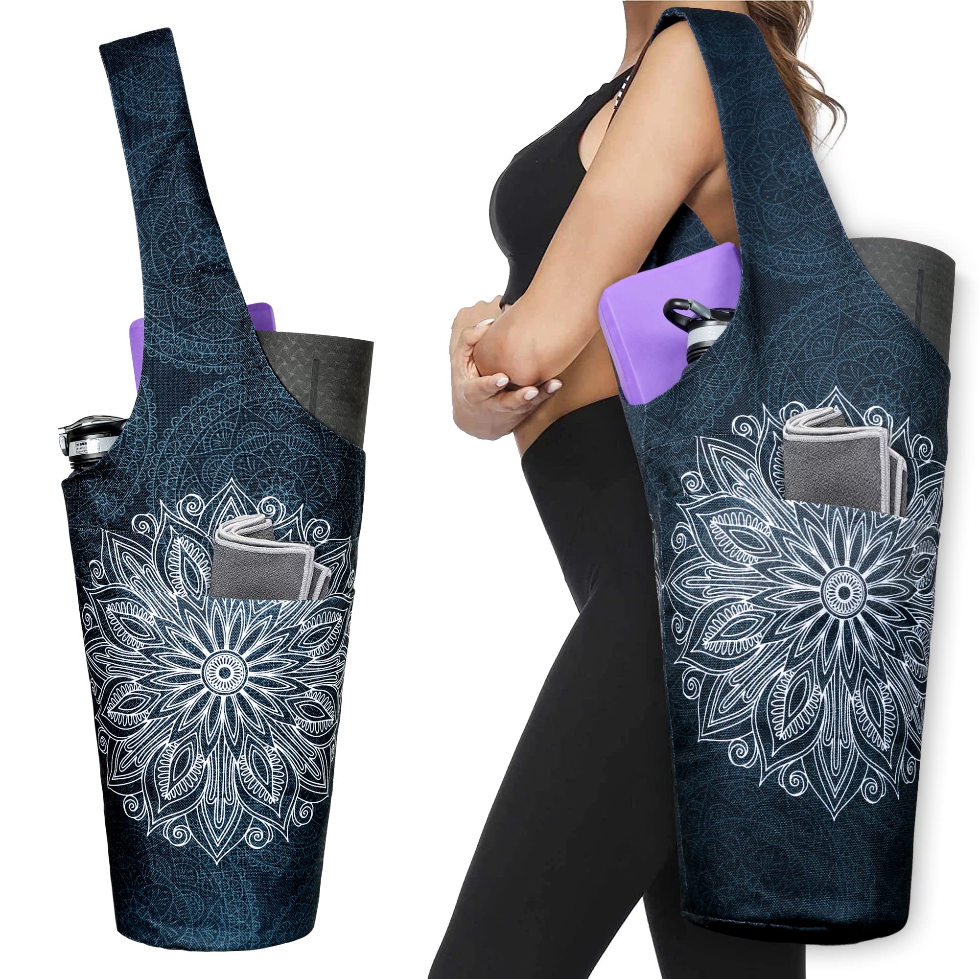 SANWOOD Yoga Mat Bag,Strip Flower Pattern Yoga Bag Tote Sling Carrier with  Large Size Zipper Pocket Fits Most Size Mats for Women Men,Stripe Pattern 
