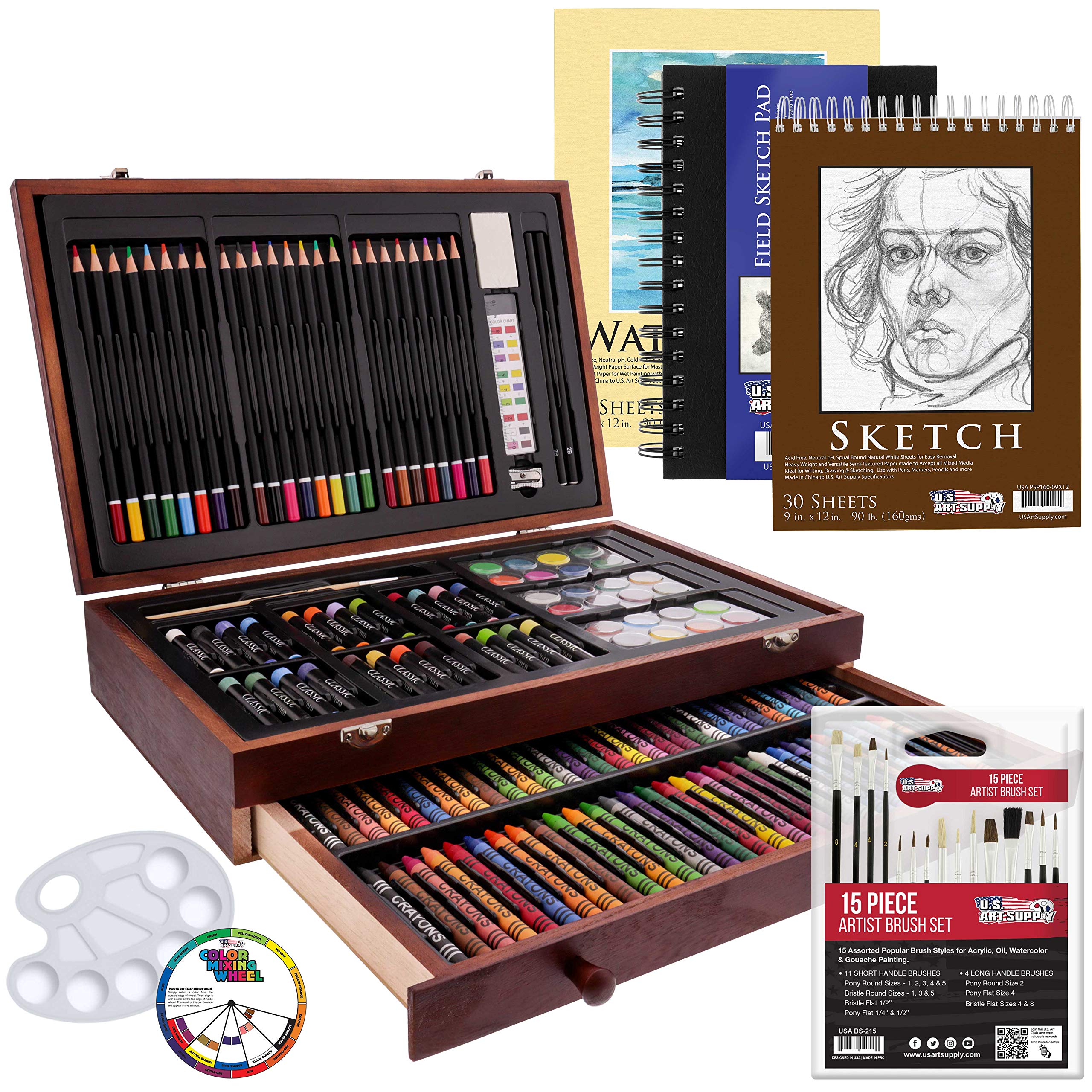 Deluxe Artist Painting Set with Aluminum and Solid Beech Wood Easel, 48  Acrylic, 24 Watercolor, 10 Canvases, 30 Brushes, Sketch Pad & More