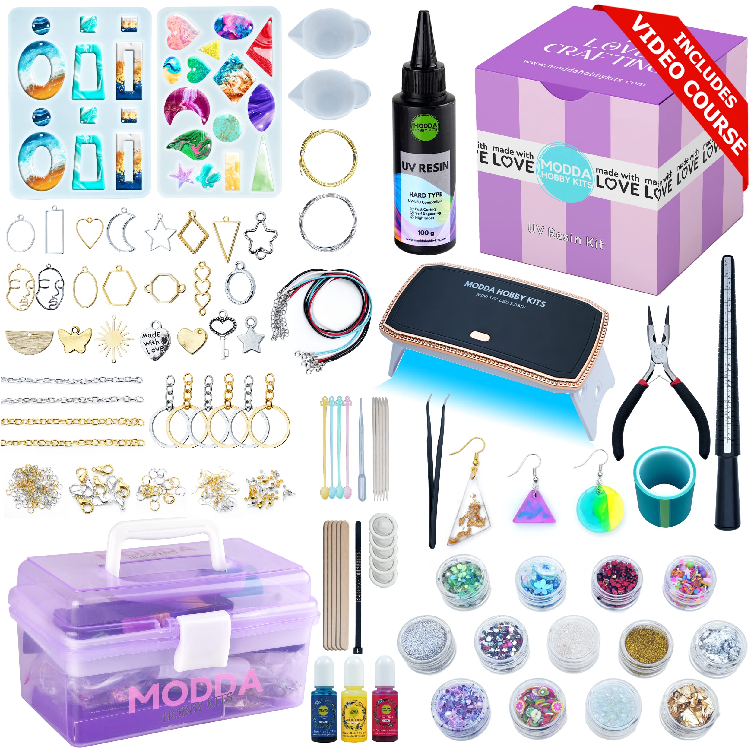 MODDA UV Resin Kit with Light for Beginners with Video Course Resin Jewelry  Making Kit for Adults Includes UV Resin UV Lamp Resin Glitters Foil Flakes  Silicone Molds for DIY Arts and