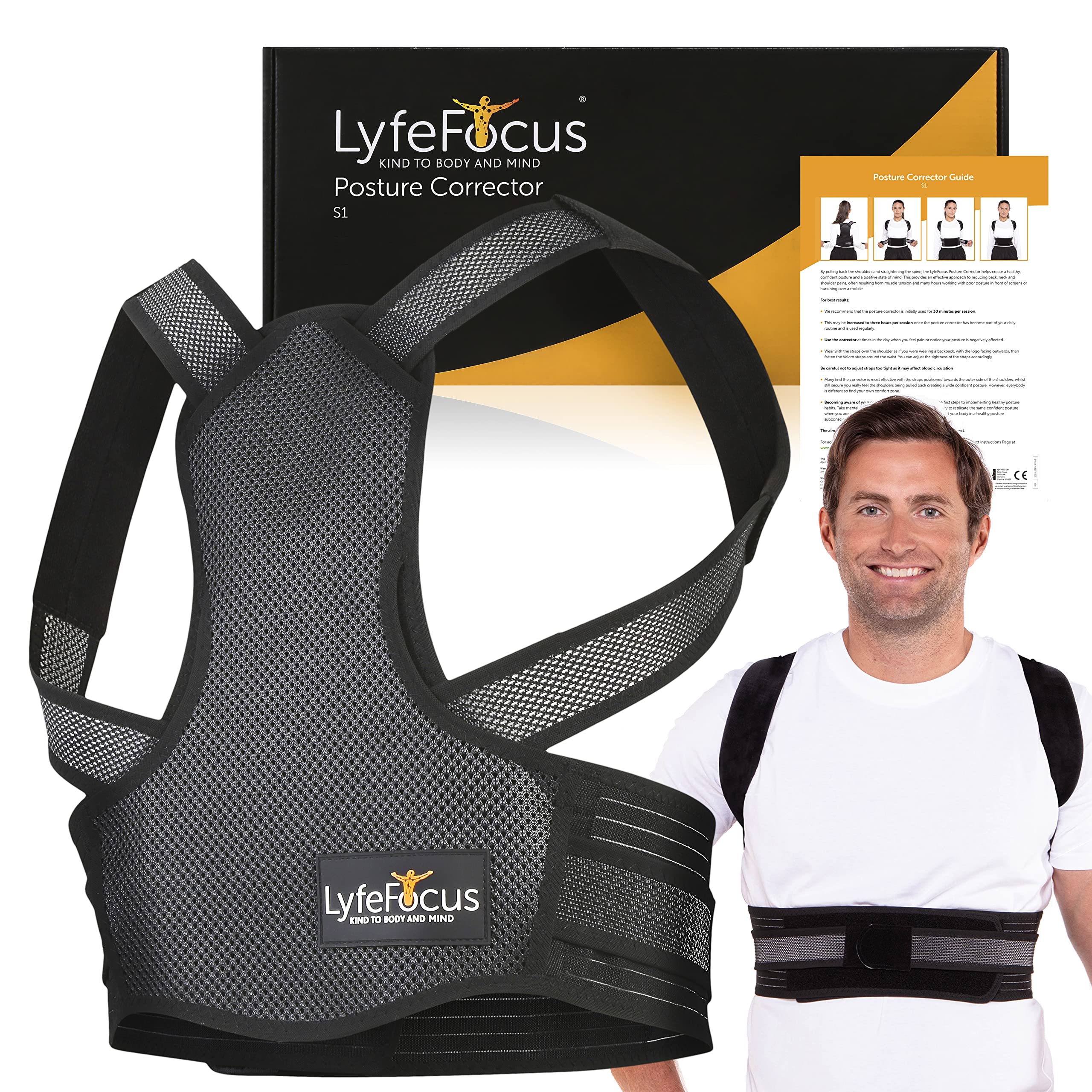 LyfeFocus S1 Premium Breathable Back Posture Corrector for Men & Women - Upper  Back Support Back Brace & Back Straightener - Effective Posture Correction  for Neck Shoulder & Back Pain (Black Medium)