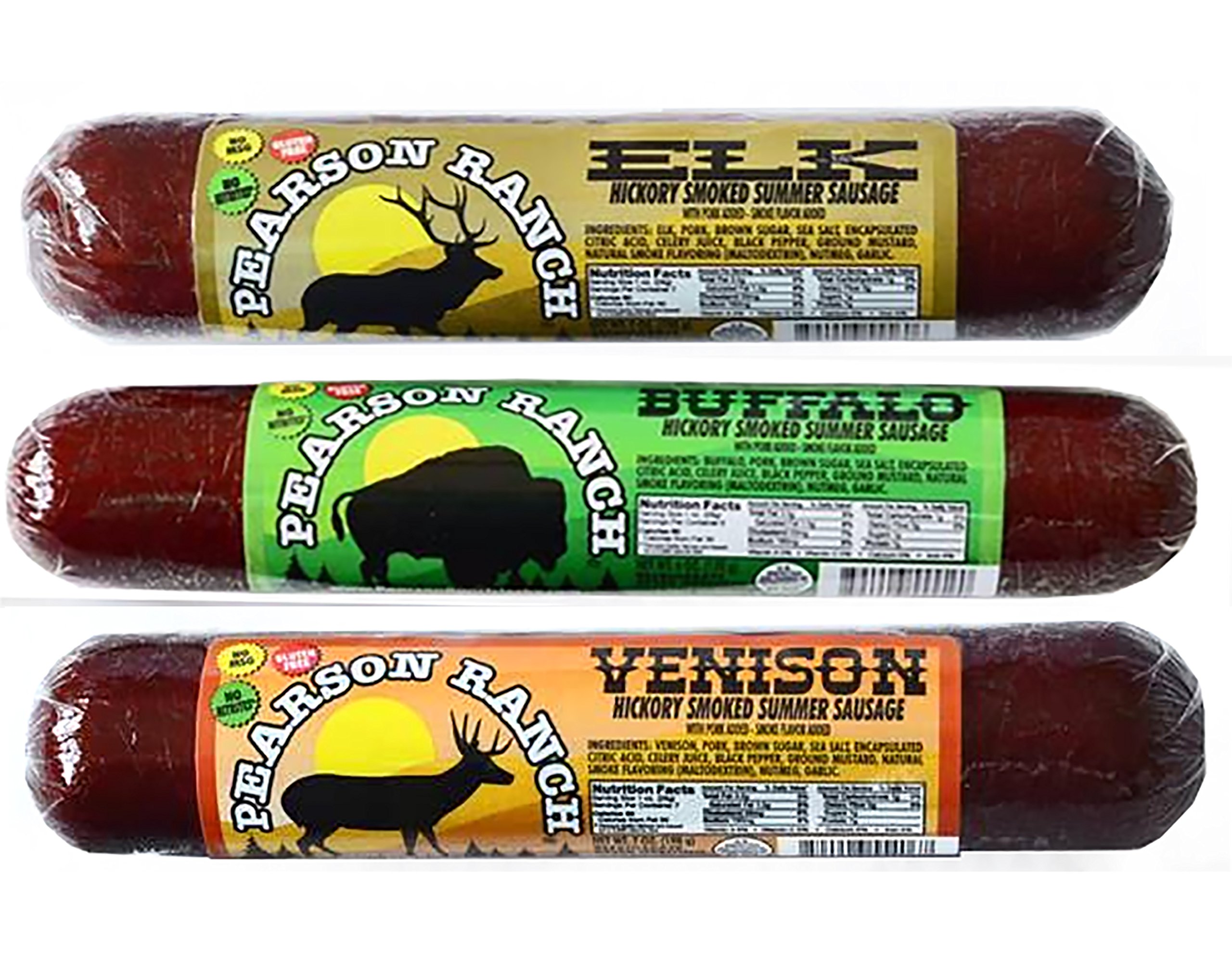 Pearson Ranch Game Meat Hickory Smoked Summer Sausage Variety Pack of 3  Elk, Buffalo, Venison Gluten-Free, MSG-Free