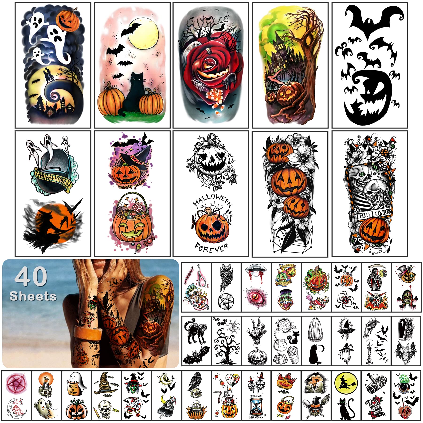 40 Sheets Halloween Funny Waterproof Temporary Tattoo Stickers for