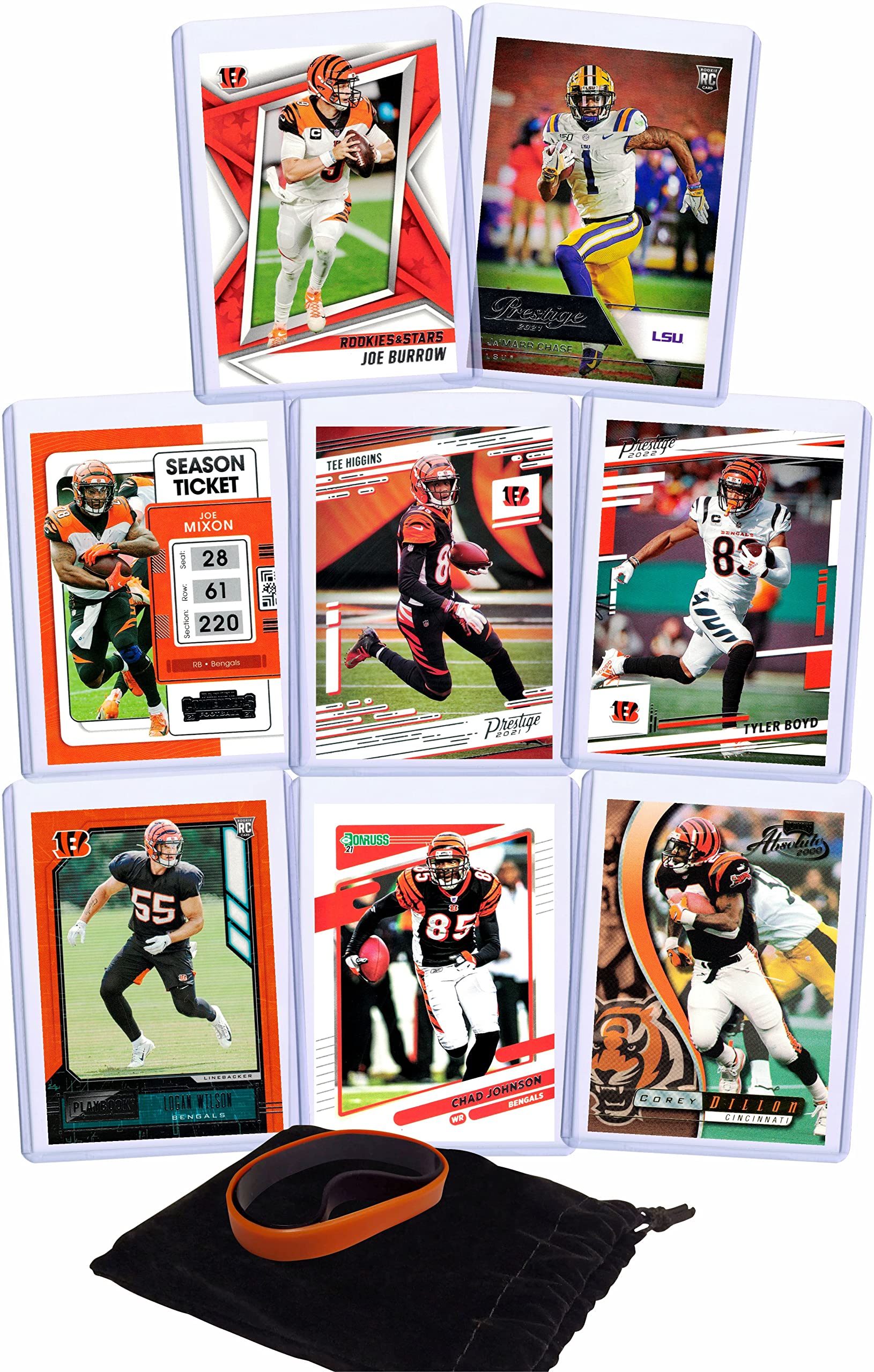 : Cincinnati Bengals Cards: Joe Burrow, Joe Mixon, Tee Higgins,  Tyler Boyd, Ja'Marr Chase, Corey Dillon, Chad Johnson (8) ASSORTED Football  Stars & Legends Trading Card & Wristbands Bundle : Collectibles &