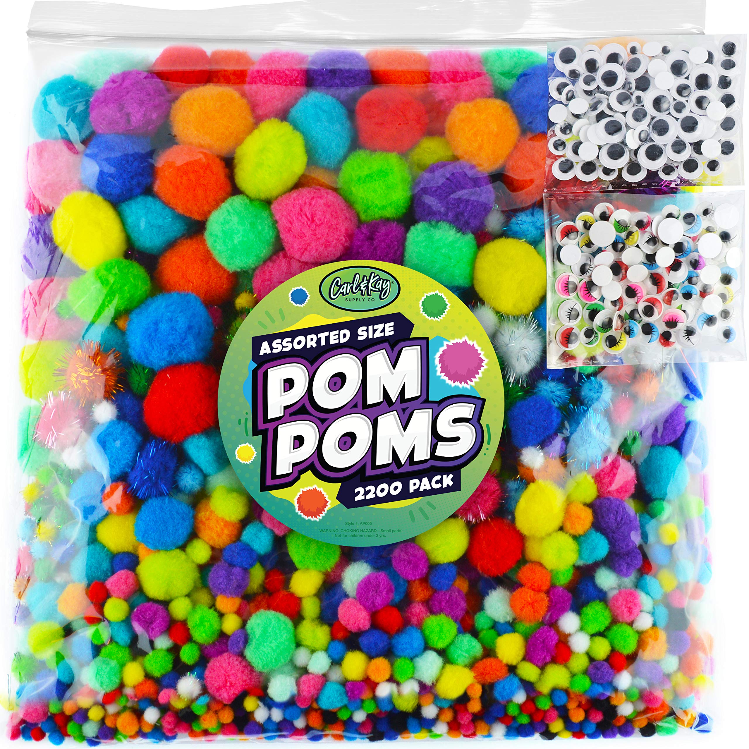 Carl & Kay [400 Pcs] 350 1 inch Pom Poms & 50 Googly Eyes, Bulk Craft Pompoms in Bright & Bold Assorted Colors, Pompoms for Crafts, Assorted Pom Pom
