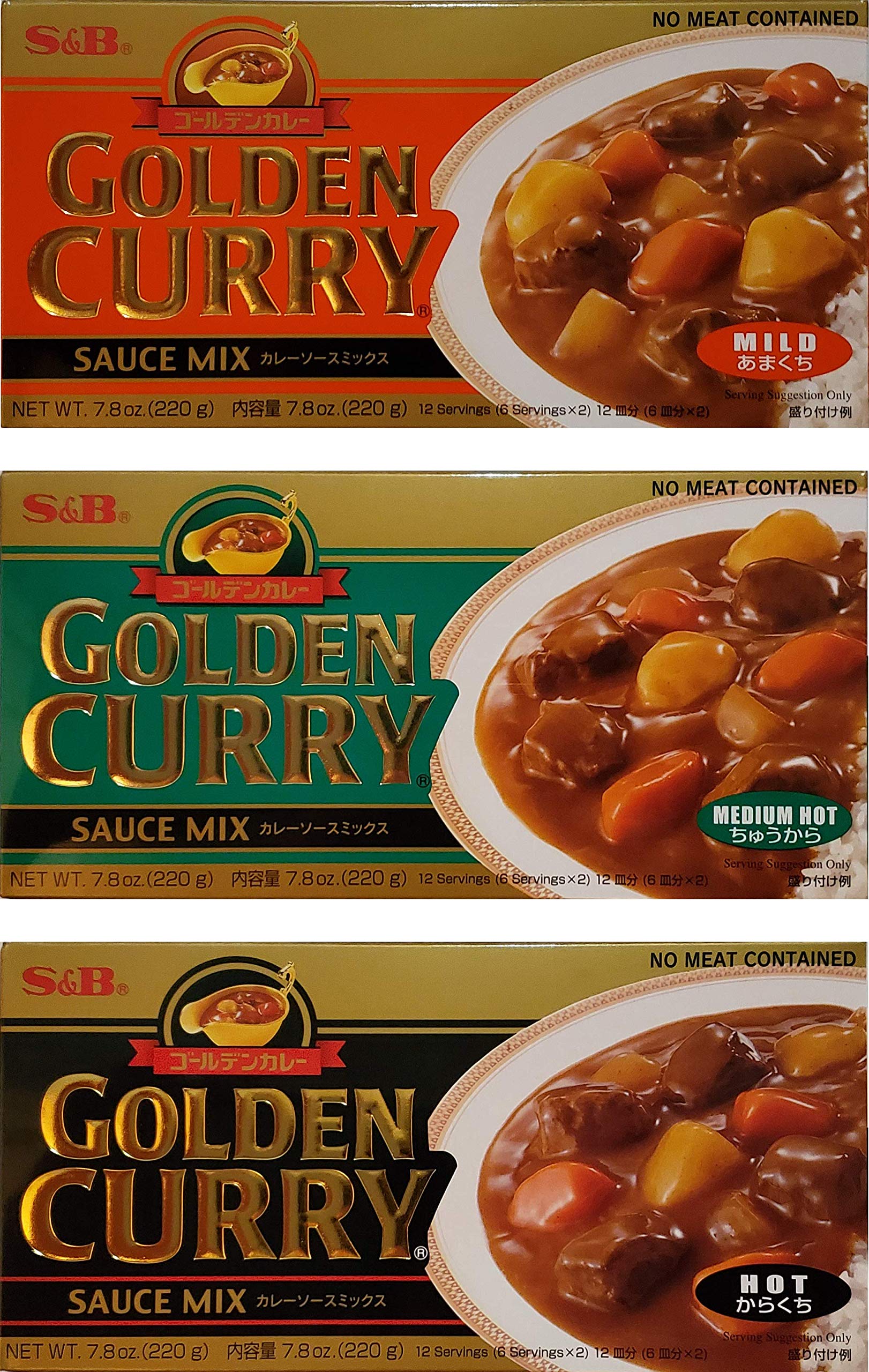 S&B Golden Curry Sauce Mix, Mild,Medium Hot and Hot 7.8-Ounce