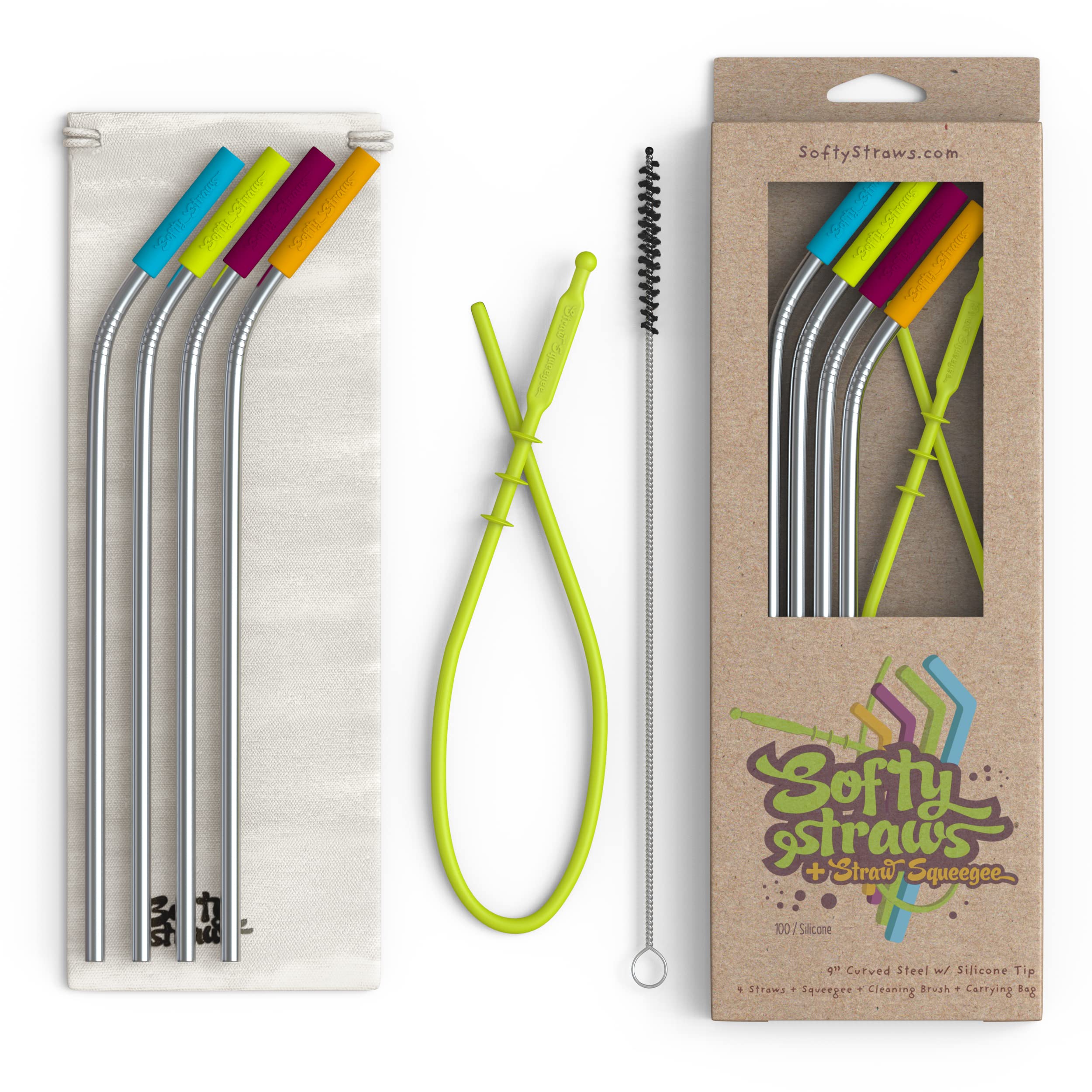 Softy Straws Premium Reusable Stainless Steel Drinking Straws With Silicone  Tips + Patented Straw Cleaners and Carrying Case - 9 Long Metal With Curved  Bend for 20/30/32oz Tumblers Assorted - Stainless Steel