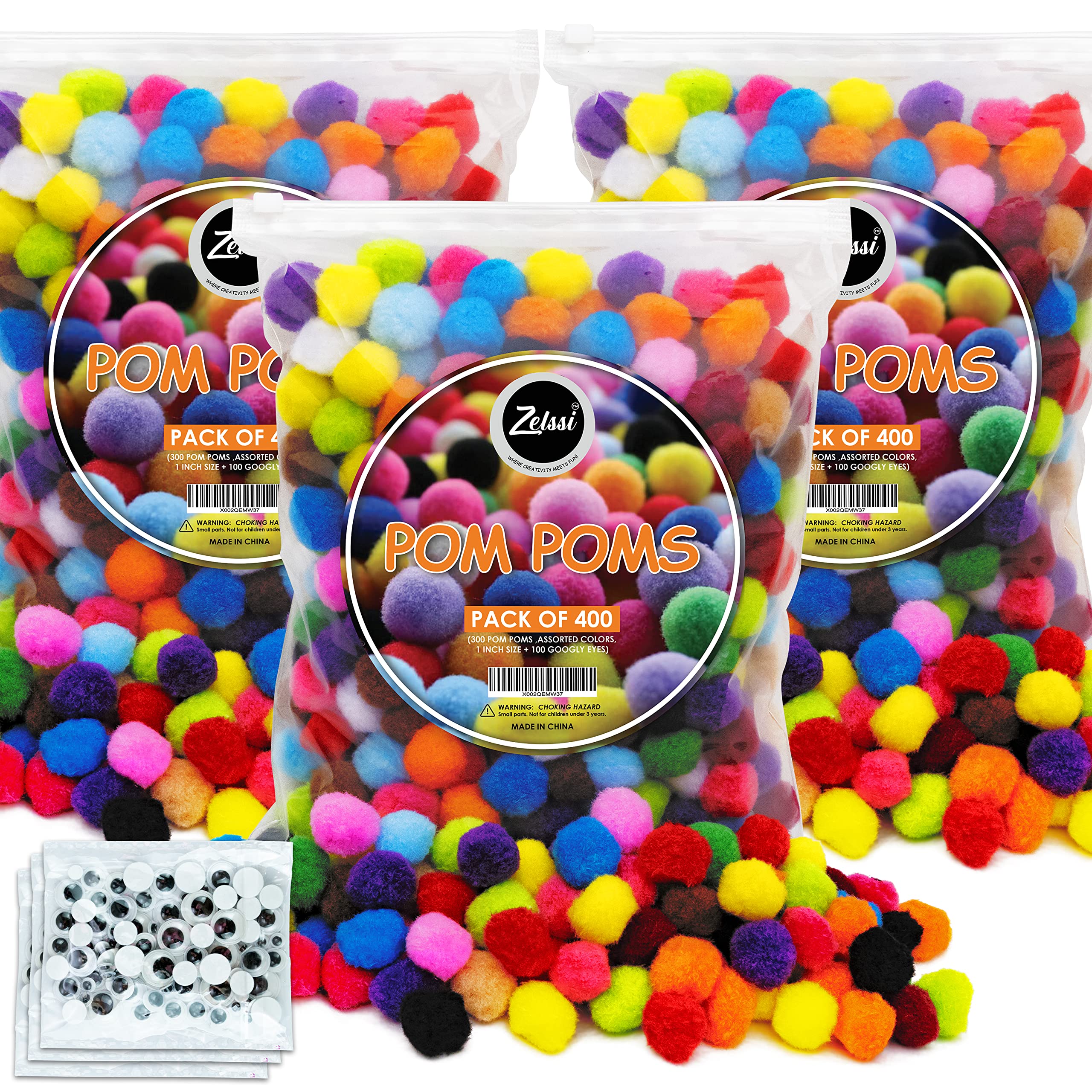 Zelssi Pom Poms - Pack of 1 300 1 inch Pom Pom Balls + 100 Googly