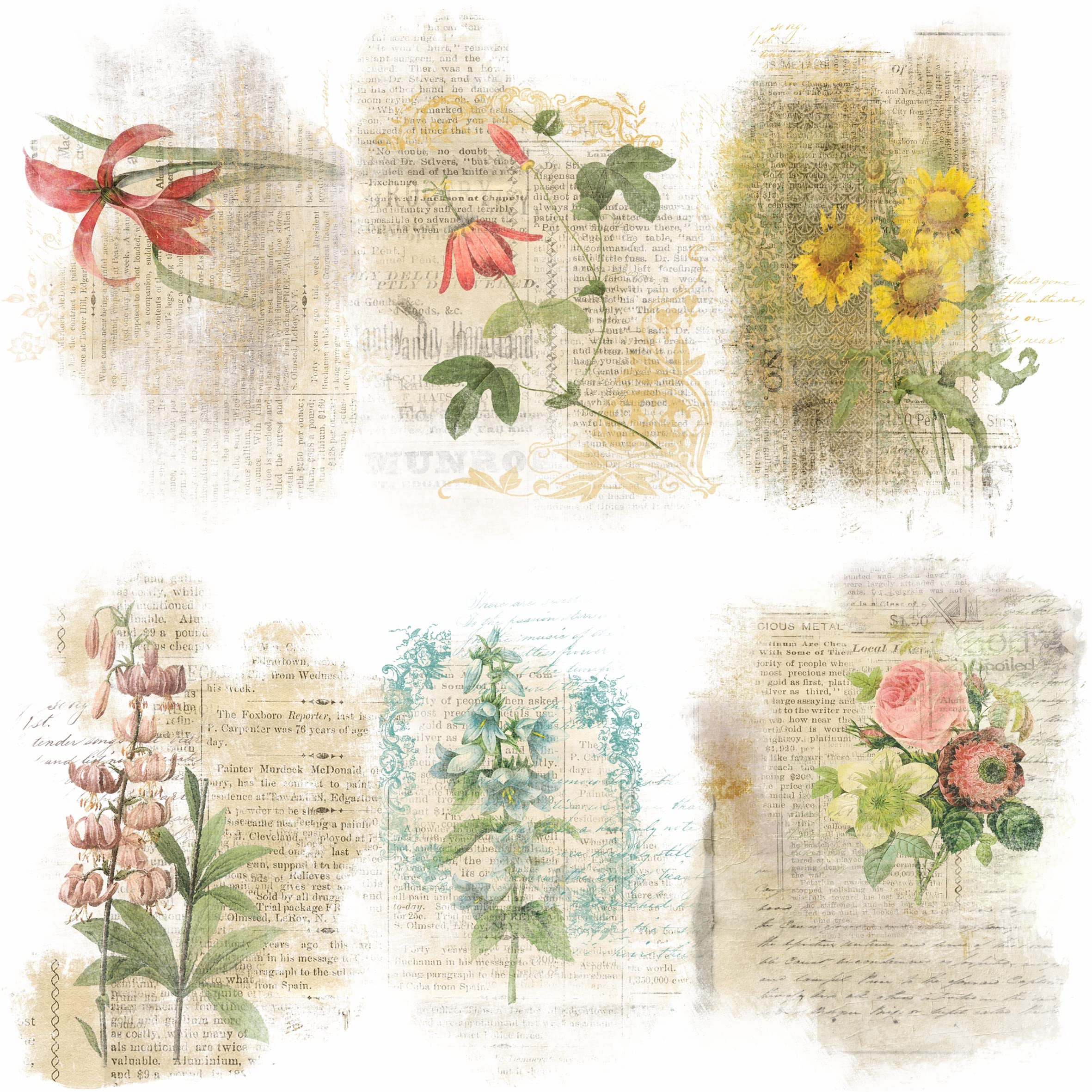 Vintage Flower Theme Mulberry Rice Paper, 8 x 10.5 inch - 6 x Different  Printed Mulberry Paper Images 30gsm Visible Fibres for Decoupage Crafts  Mixed Media Collage Art
