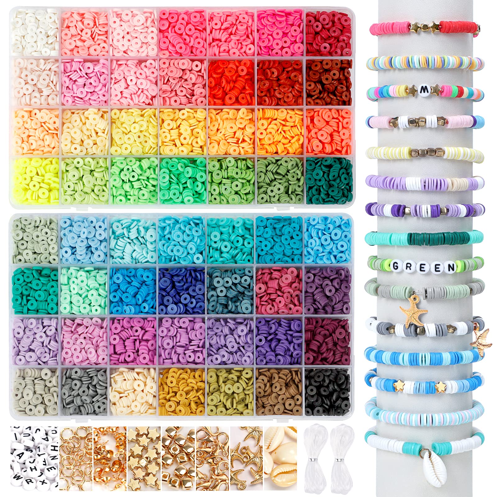 QUEFE 3250pcs Pony Beads Set, Friendship Bracelet Kit Kandi Beads 2400pcs  Rainbow Beads in 96 Colors, 800pcs Letter and Heart Beads with 20 Meter