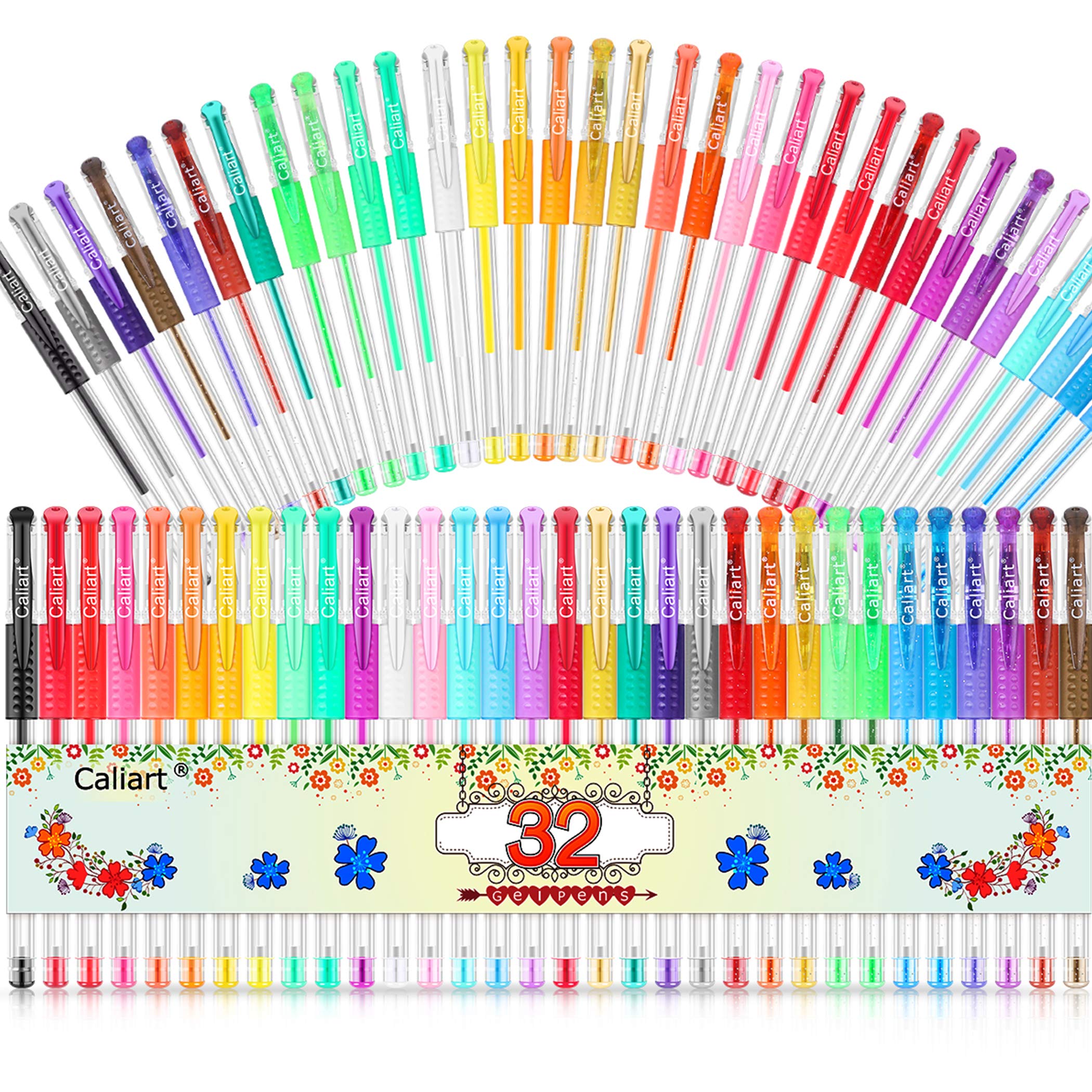 Caliart Gel Pens 32 Colors Gel Pen Set 40% More Ink Colored Gel