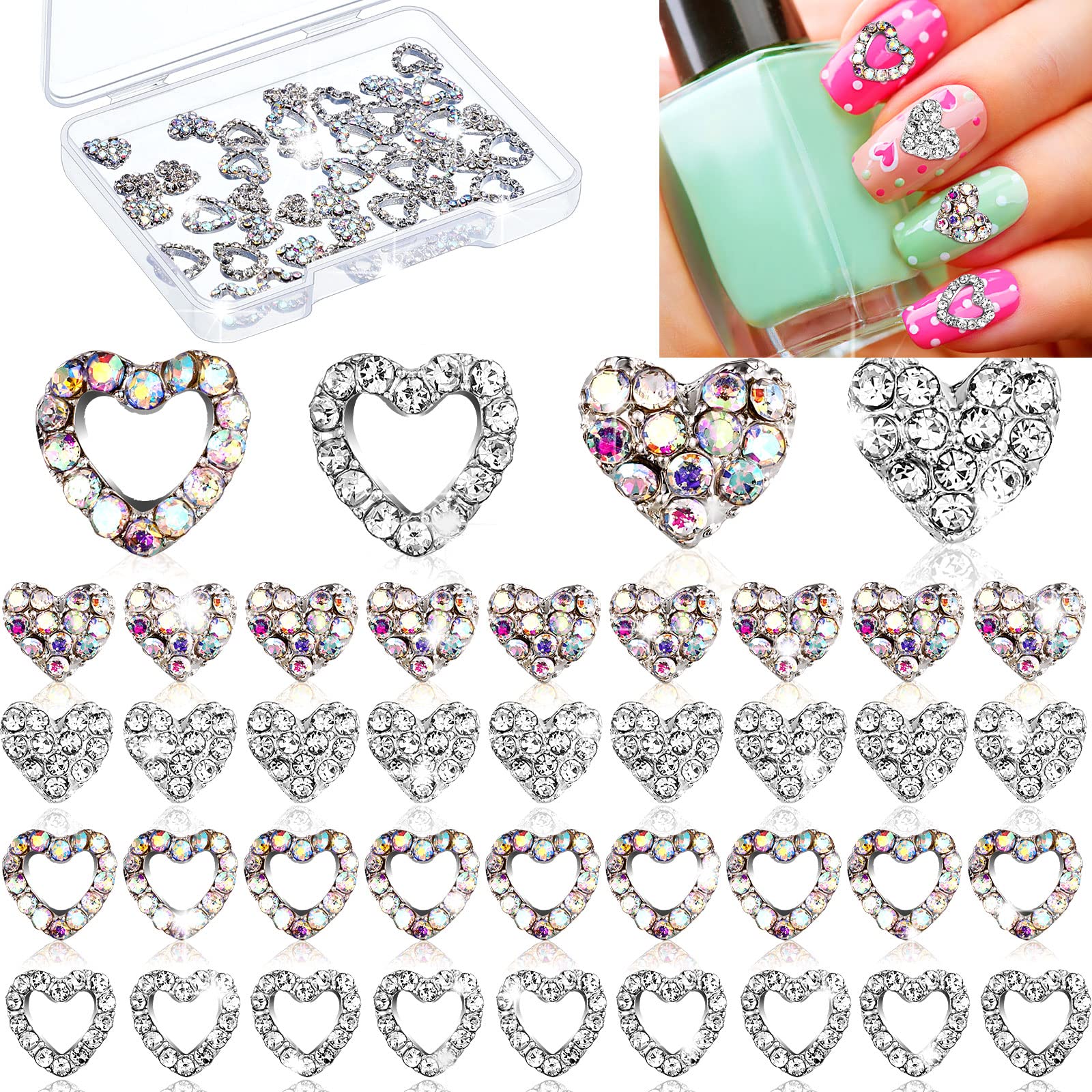 qiipii 32 Pcs Heart Nail Charms Crown Charms for Nails 3D Heart Planet Nail Gems Kawaii Love Nail Charms Crystal Clear Diamond Alloy Nail Art Jewelry Nail