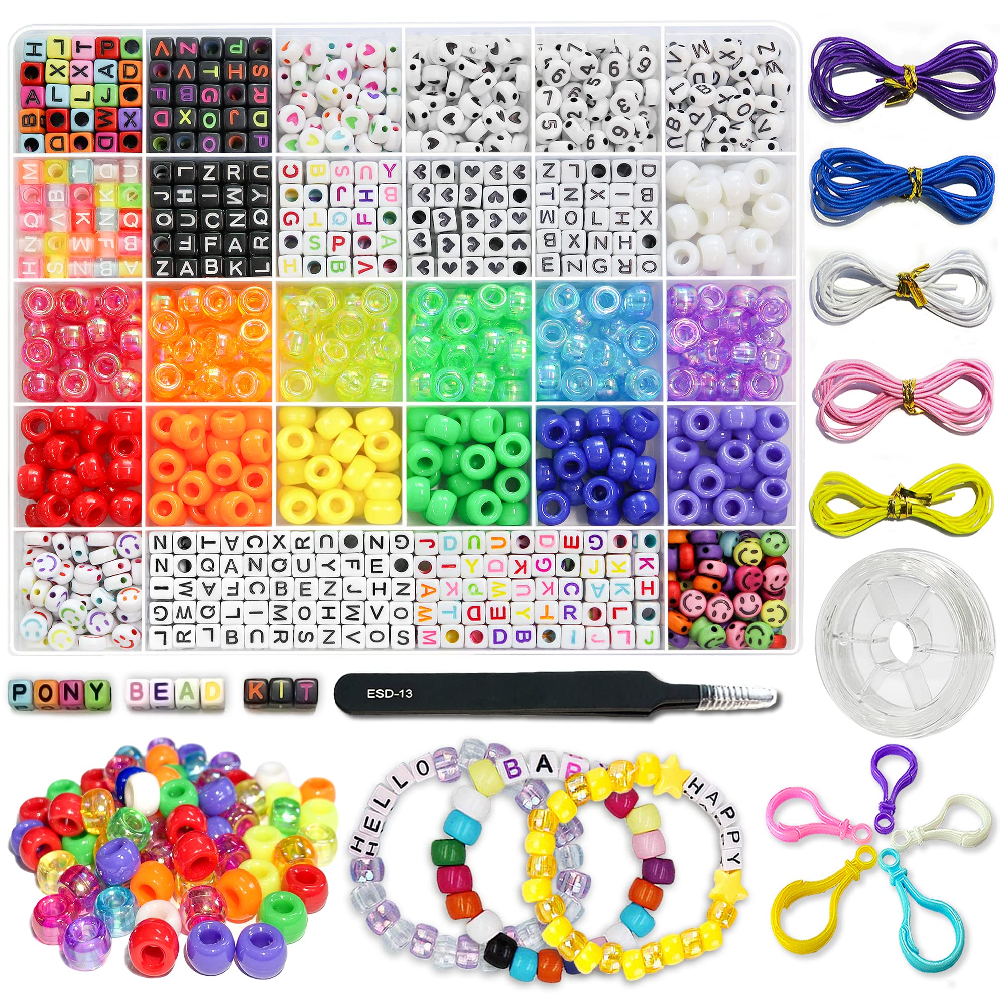 LIS HEGENSA 1300 Pcs DIY Childrens Crafts Beads Friendship Bracelet Kit  with Pony Beads Letter Beads and Elastic Cord Colorful Charms Used for  Custom Necklace Bracelets and Jewelry Decor 1300pcs