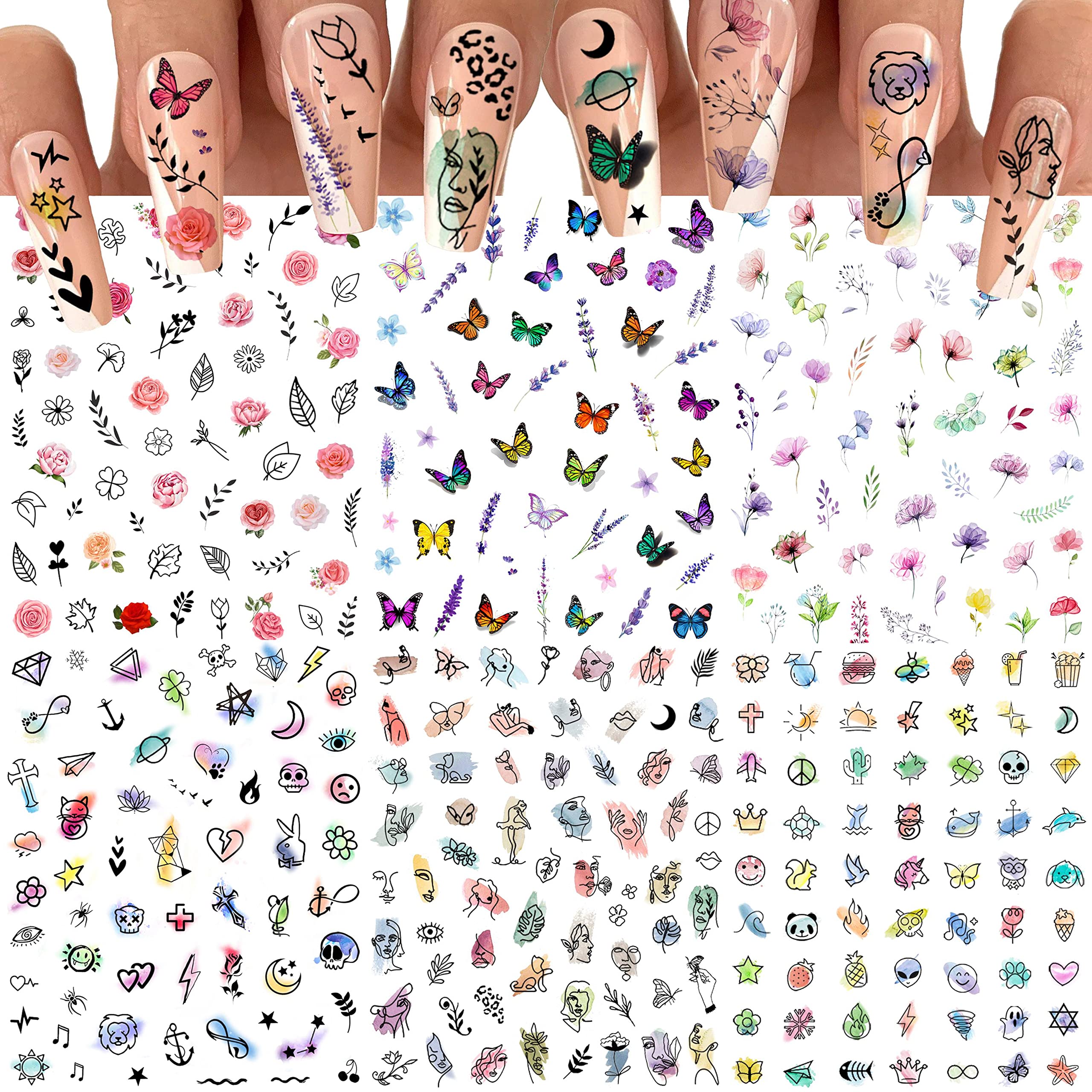 Graffiti Fun Nail Art Stickers, Abstract Nail Decals 3D Self-Adhesive Abstract Lady Face Rose Leaf Nail Design Manicure Tips Nail Decoration for