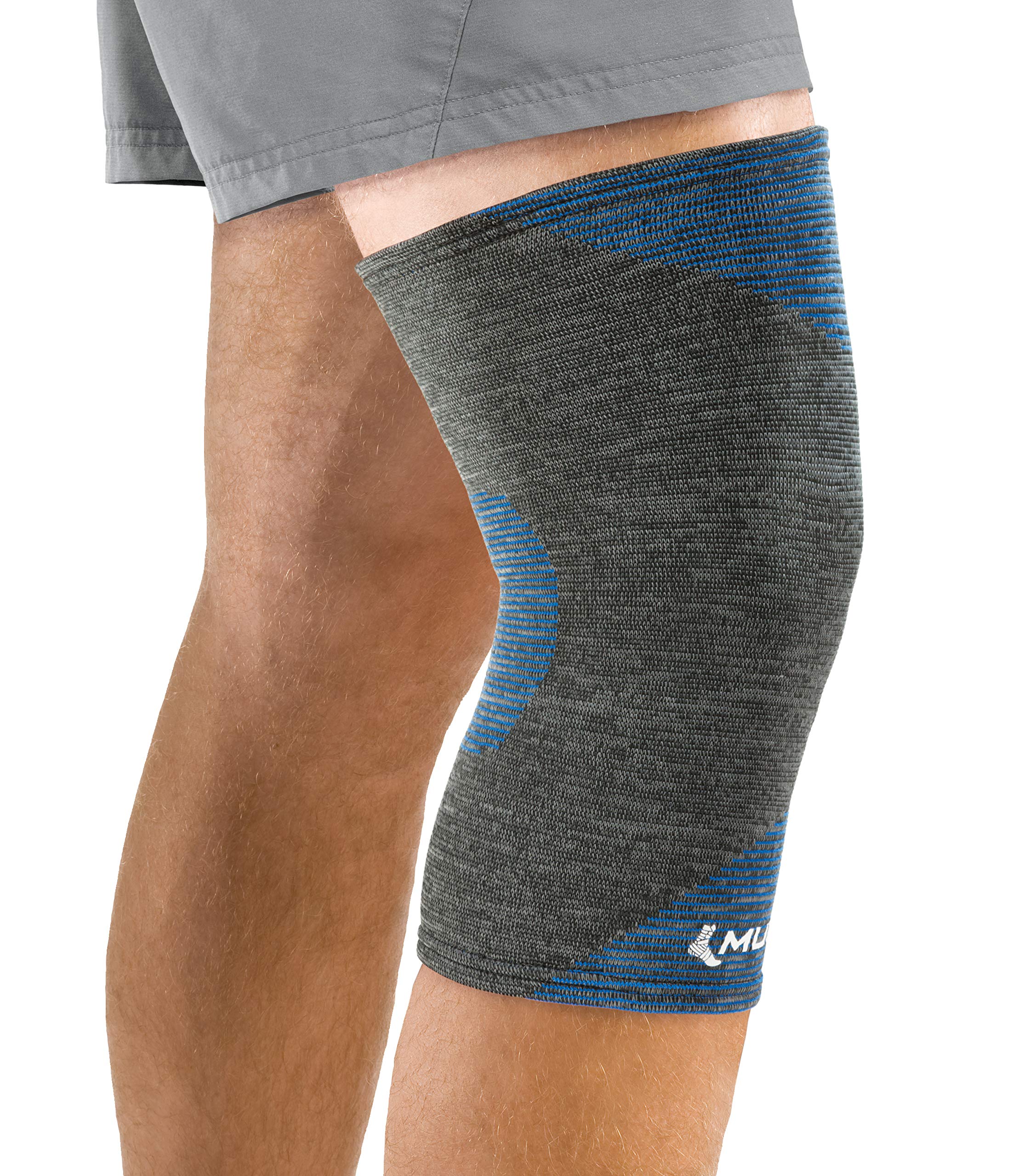 Mueller Sports Medicine FIR 4-Way Knee Support Sleeve, For Men and Women,  Gray/Blue, S/M Small/Medium (Pack of 1)