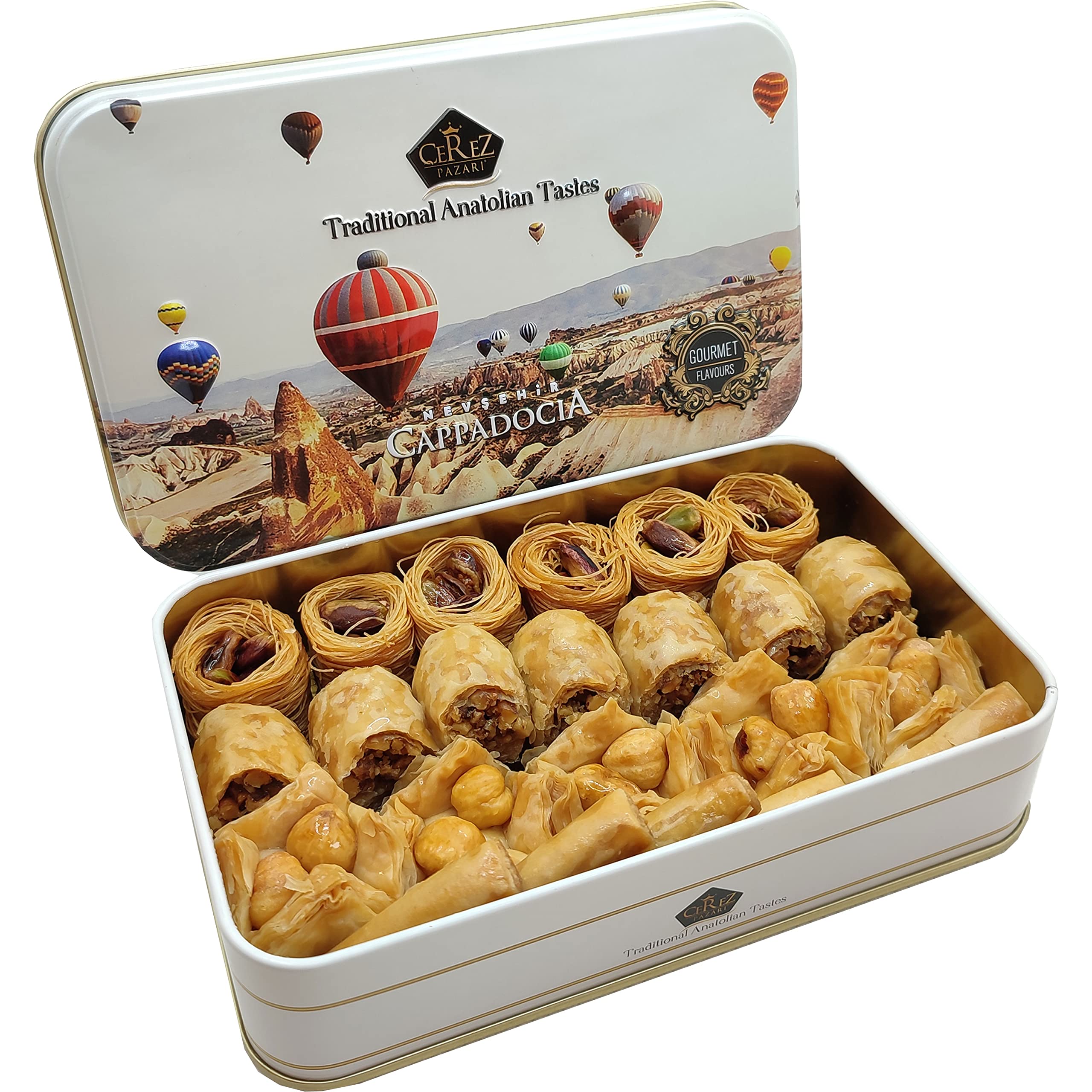 Cerez Pazari Premium Assorted Baklava Pastry Gift Basket Small Tin Box 8.47  oz Apprx.22-23