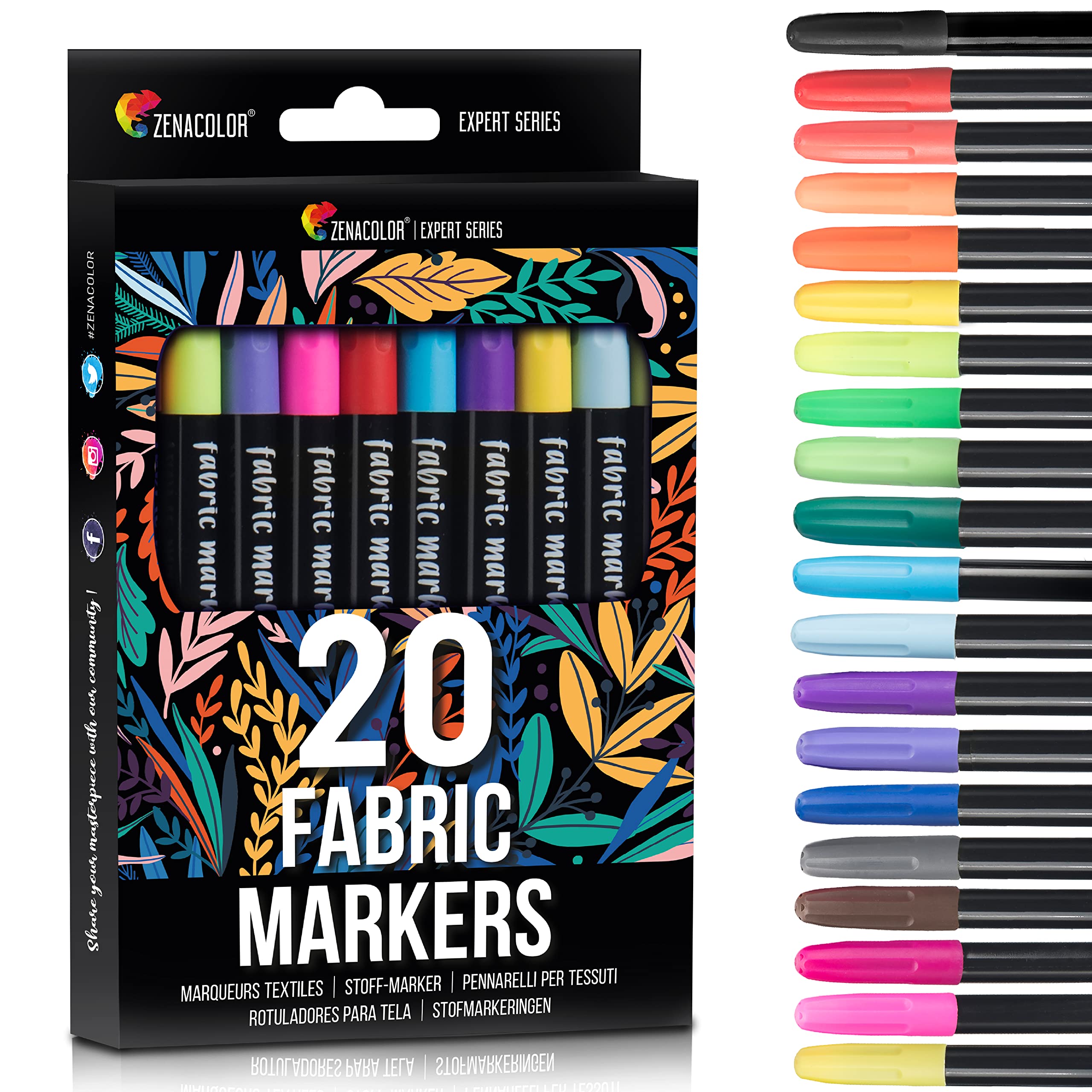 Zenacolor 20 Fabric Markers Pens Set - Non Toxic Indelible and Permanent  Fabric Paint Fine Point Textile Marker Pen - Pens Fine Point Tip