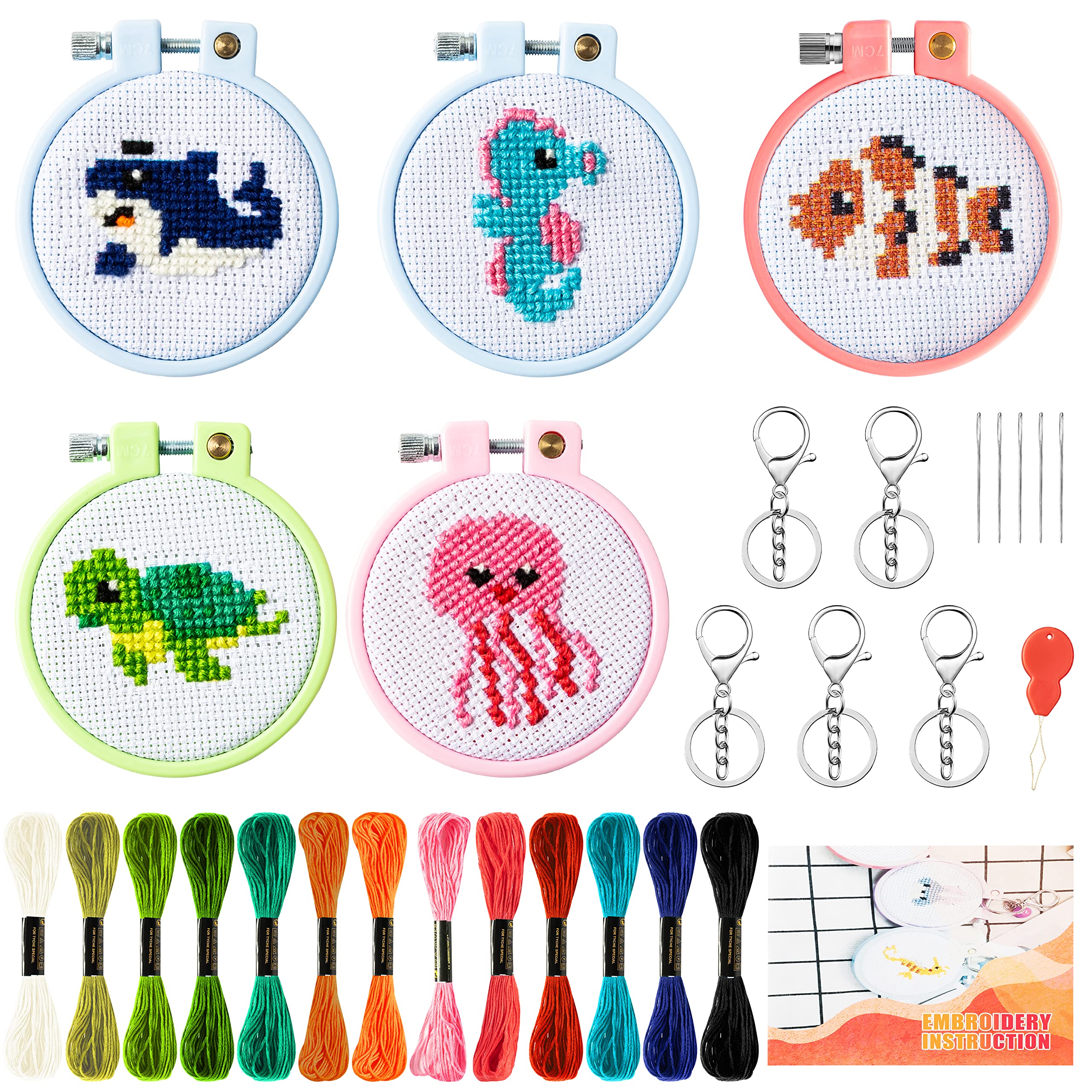 WATINC 5Pcs Embroidery Kit for Kids Stamped Cross Stitch DIY Key