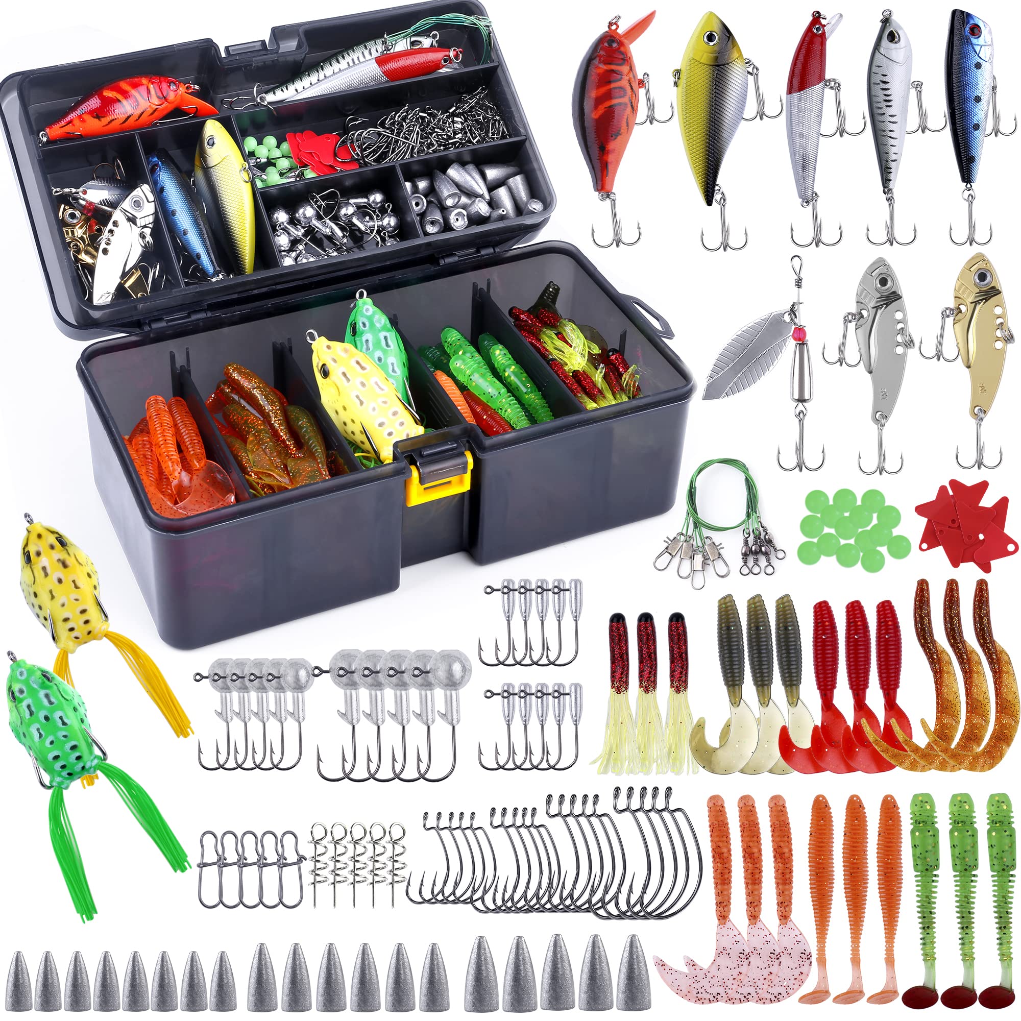 TUXIBIN 101Pcs Set Fishing Lure Kits Mixed Universal Multifunction Assorted Fishing Lure Set With Fishing Tackle Box - Including Spinners, Worm