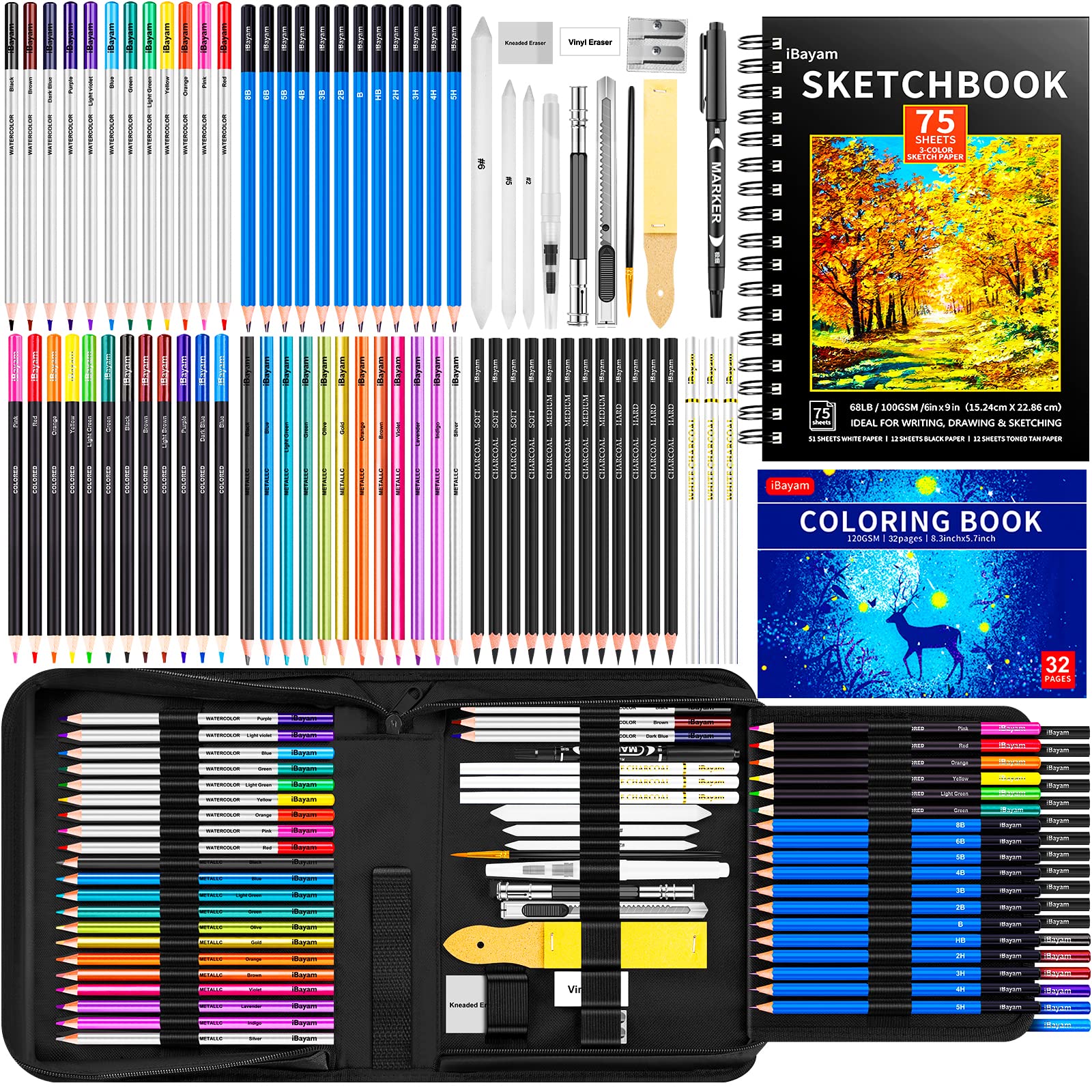iBayam 78-Pack Drawing Set Sketching Kit Pro Art Supplies with 75 Sheets 3- Color Sketch Pad Coloring Book Colored Graphite Charcoal Watercolor  Metallic Pencils for Artists Adults Kids Beginners