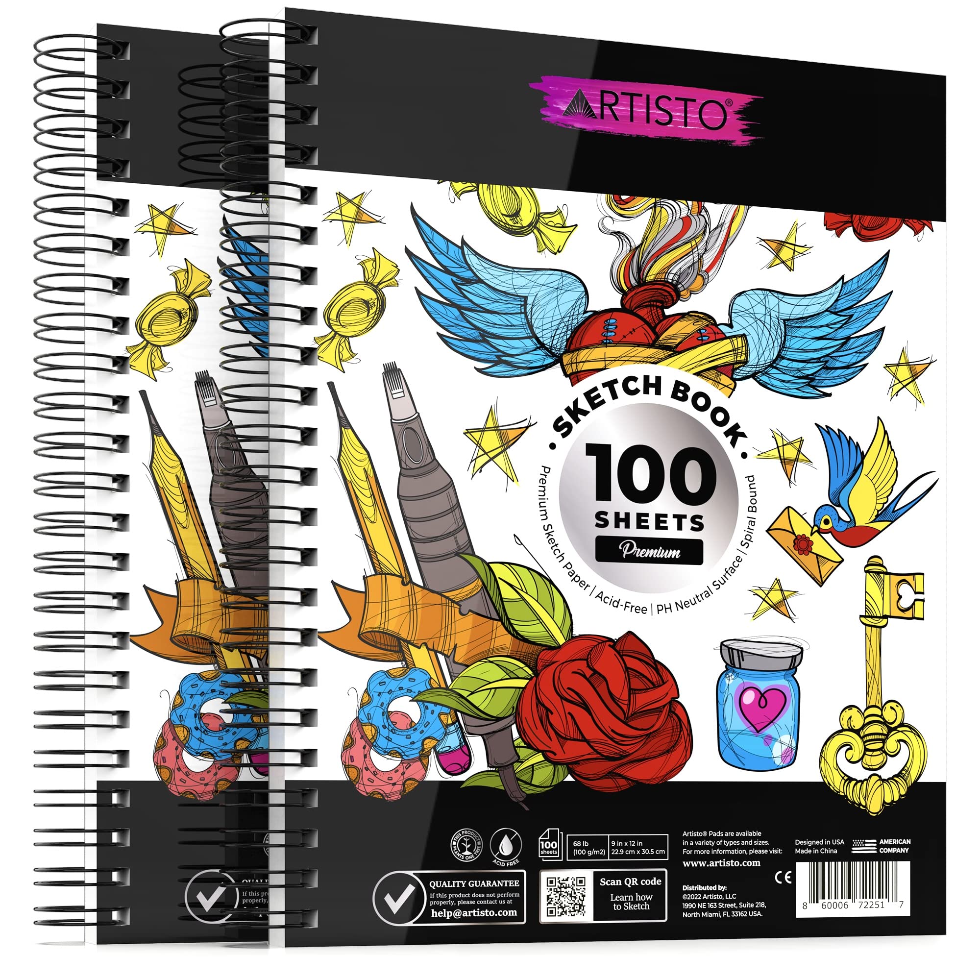 Artisto 5.5x8.5” Premium Sketch Book Set, Pack of 3 (300 Sheets), 68lb (100g/m2), Spiral Bound, Acid-Free Drawing Paper, Perfect for Most Dry Media