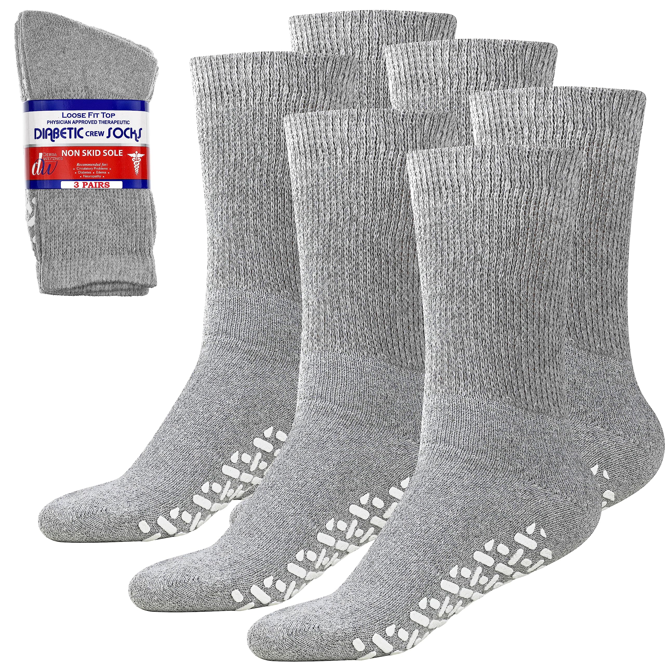 Debra Weitzner Loose Non-Binding Fit Sock - Non-Slip Diabetic Socks for Men  and Women - Crew Ankle 3Pk (Crew Grey with Grips Sock Size 13-15/ Fits  Men's Shoe Size 9-13.5) Crew Grey