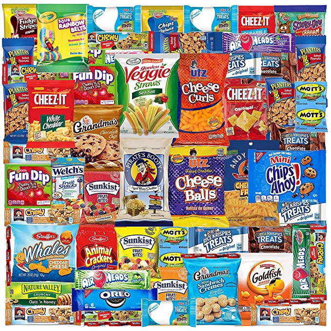 Blue Ribbon Care Package 50 Count Ultimate Sampler Mixed Bars, Cookies, Chips, Candy Snacks Box for Office, Meetings, Schools,Friends & Family